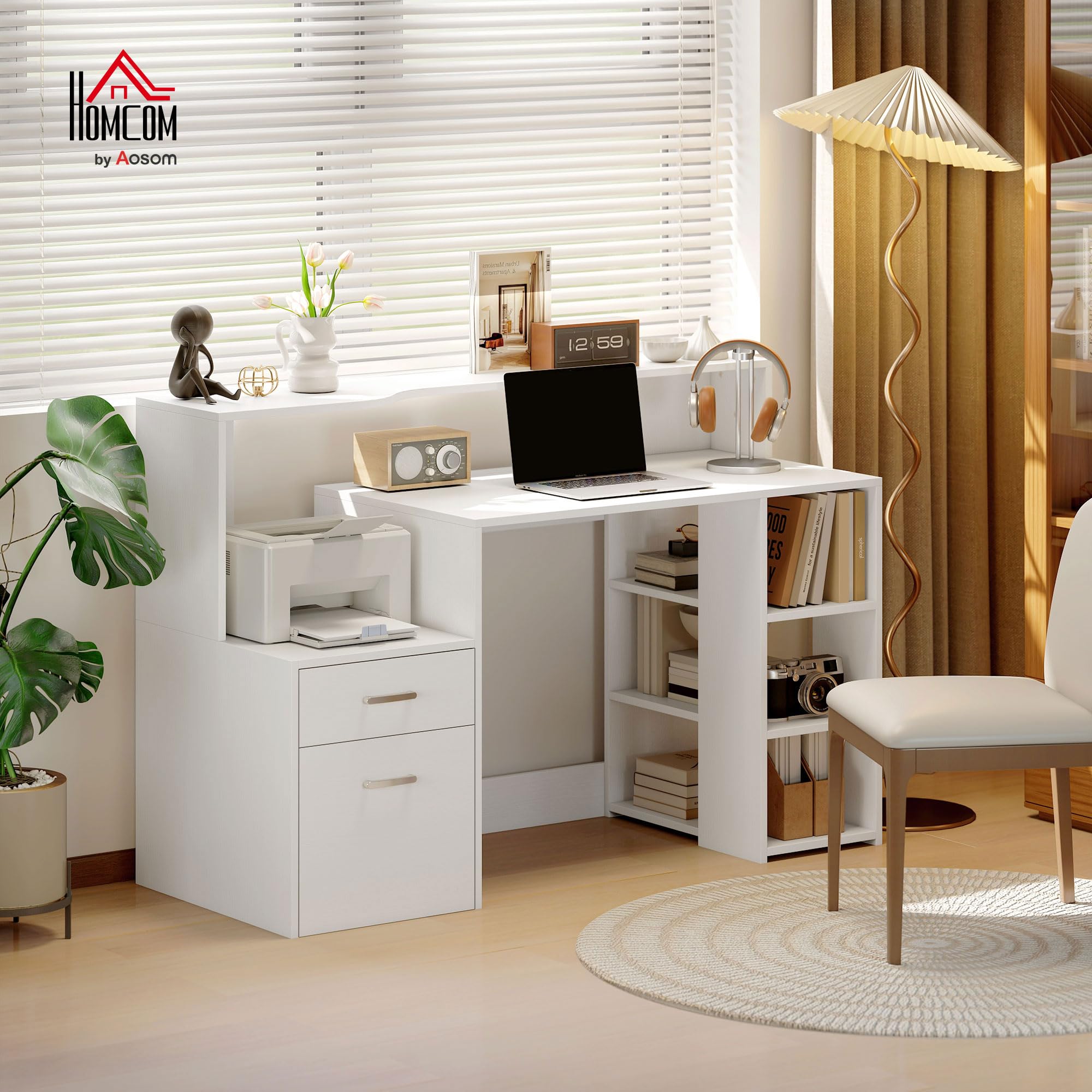 HOMCOM Scrivania per computer con 2 cassetti, 137 x 55 x 92 cm, colore: Bianco