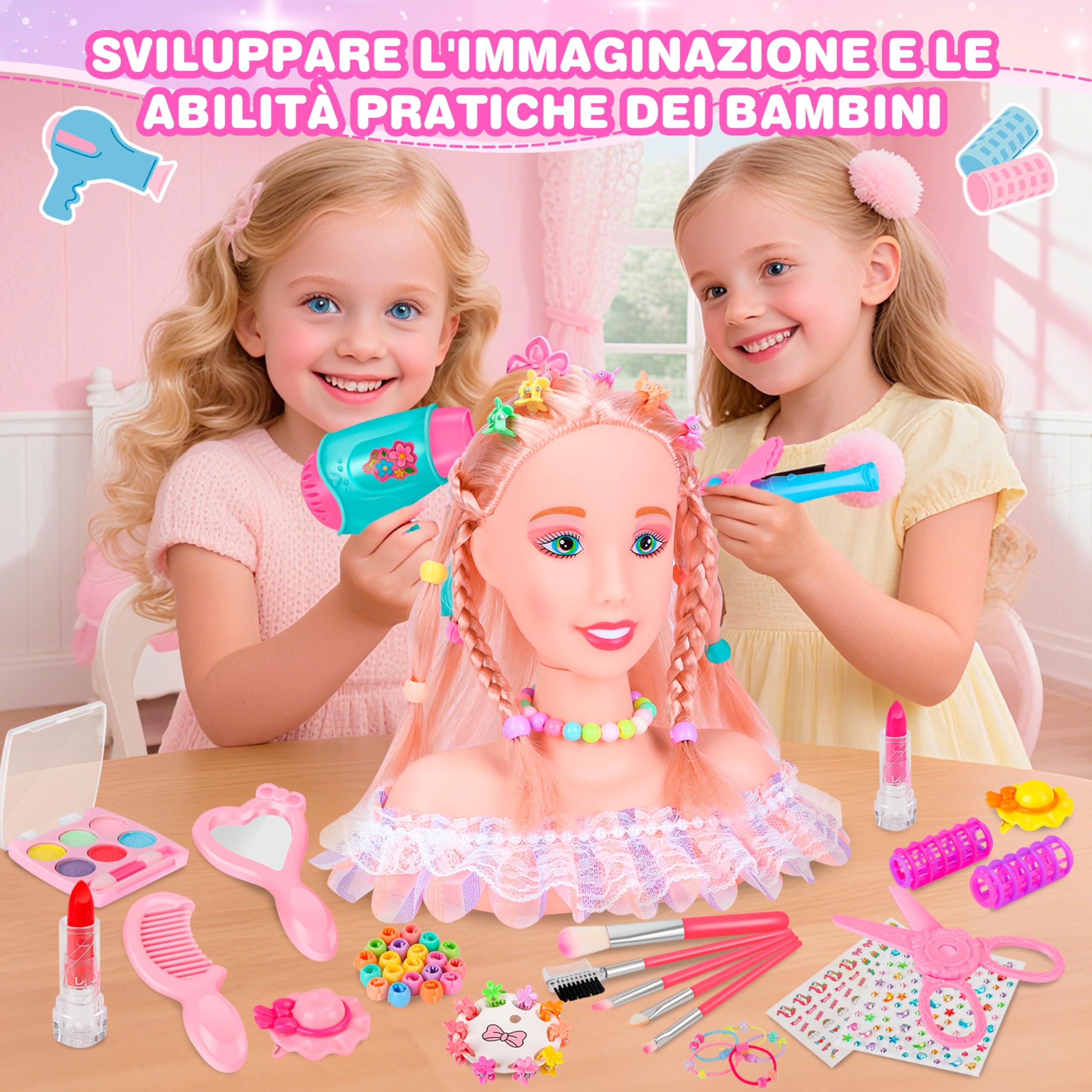 MOMOSTAR Testa Bambola da Truccare e Pettinare, 58 Pezzi Bambola Parrucchiere per Bambini, Testa da Pettinare Bambina con Accessori, Regalo Natale Compleanno 3 4 5 6 Anni