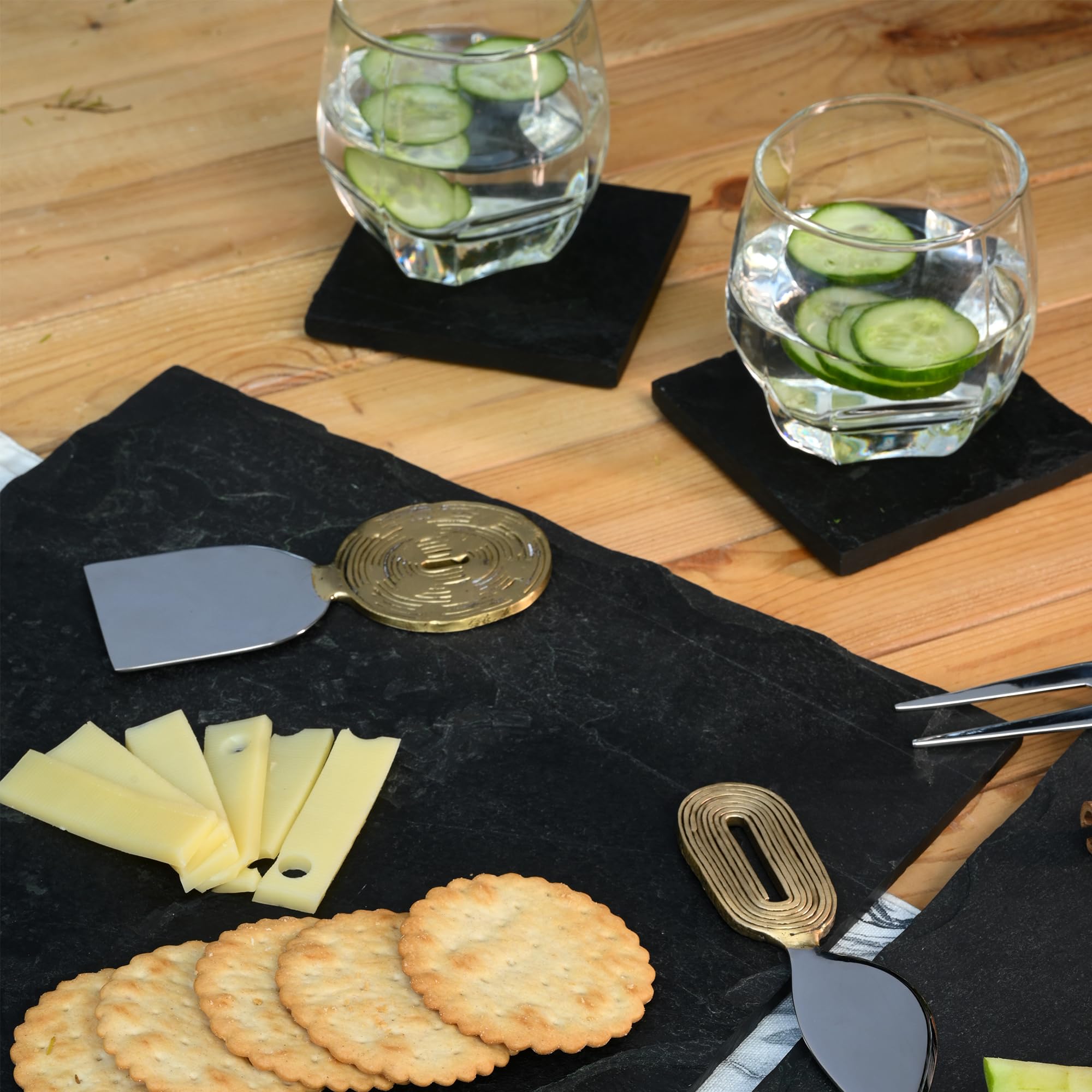 SEREIN Square Slate Black Coasters Set of 4 Drink Bar Natural Stone Coaster 4 Inches Anti Scratch Bottom for Bar Kitchen Home Office Coffee Table Decor DIY Gift - 4PCS 4