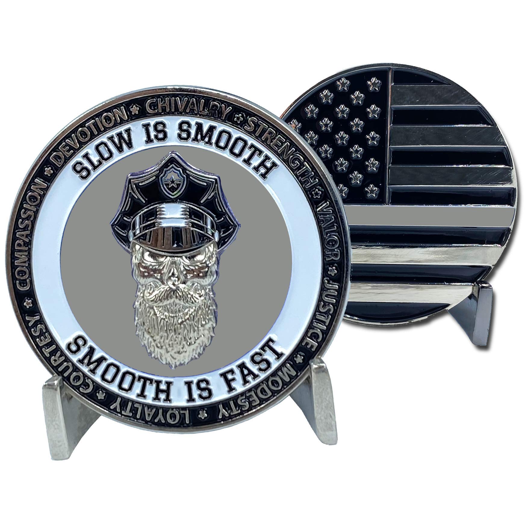 LEO Challenge CoinsCL7-16 Thin Gray Line Challenge Coin Slow is Smooth,Smooth is Fast Beard Gang Skull Correctional Officer CO Corrections,Medium
