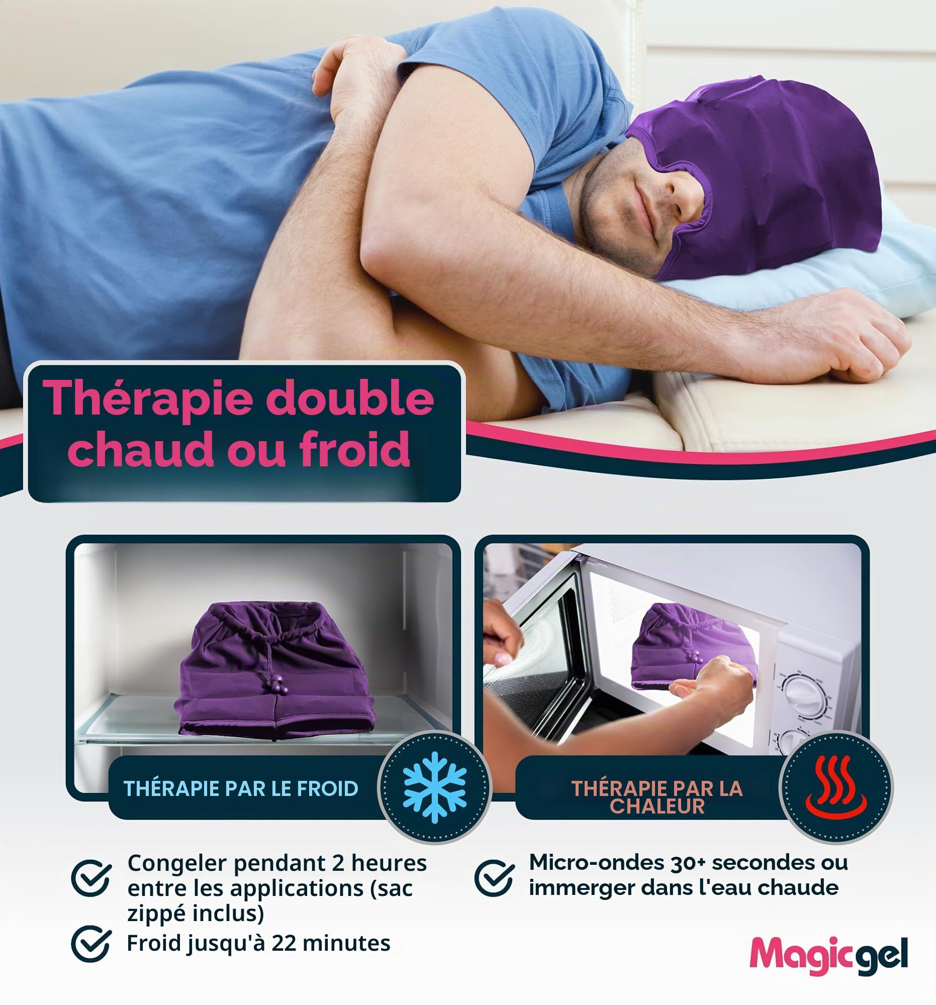 Casque de Soulagement pour Migraines Magic Gel | Soulagement Réel des Maux de Tête | Casque Original | Froid, Confortable, Sombre et Frais | Approuvé par les Médecins | (Violet)
