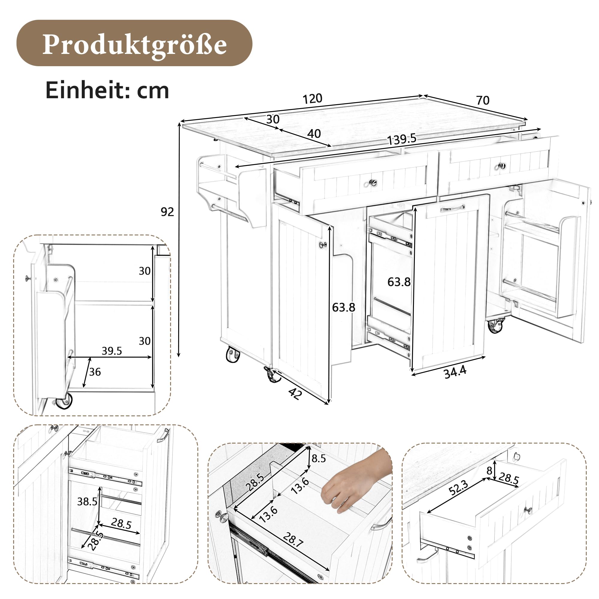 Bladez Isola da Cucina con Ruote e Cassetti, Piano Lavoro Estraibile, Penisola Cucina Multifunzionale con Tavolo, Ideale per Cucina e Sala da Pranzo (Bianco)