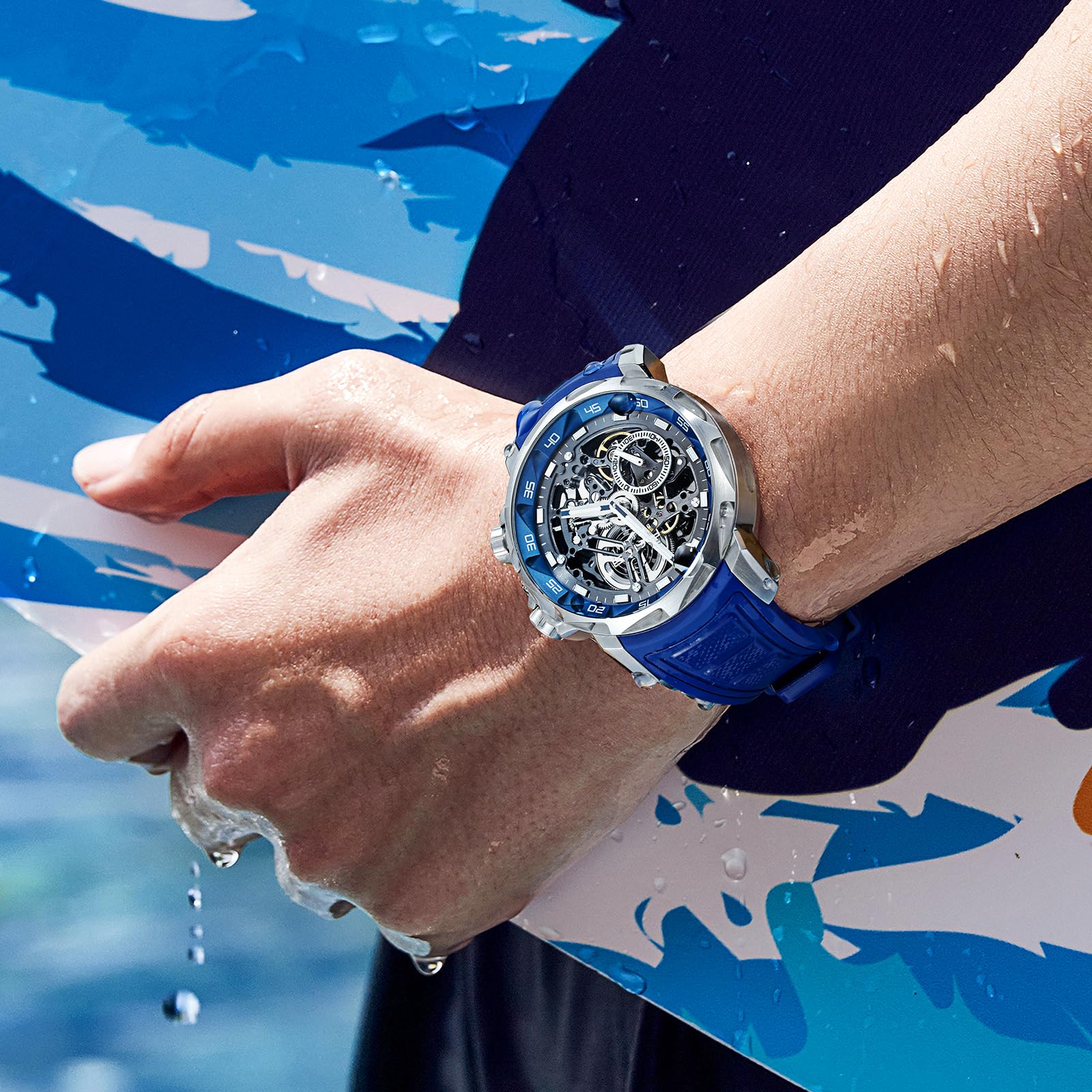 FEICE Herren Automatikuhr Skelett Saphirglas mit Gummiarmband Edelstahlgehäuse 46 mm FM511