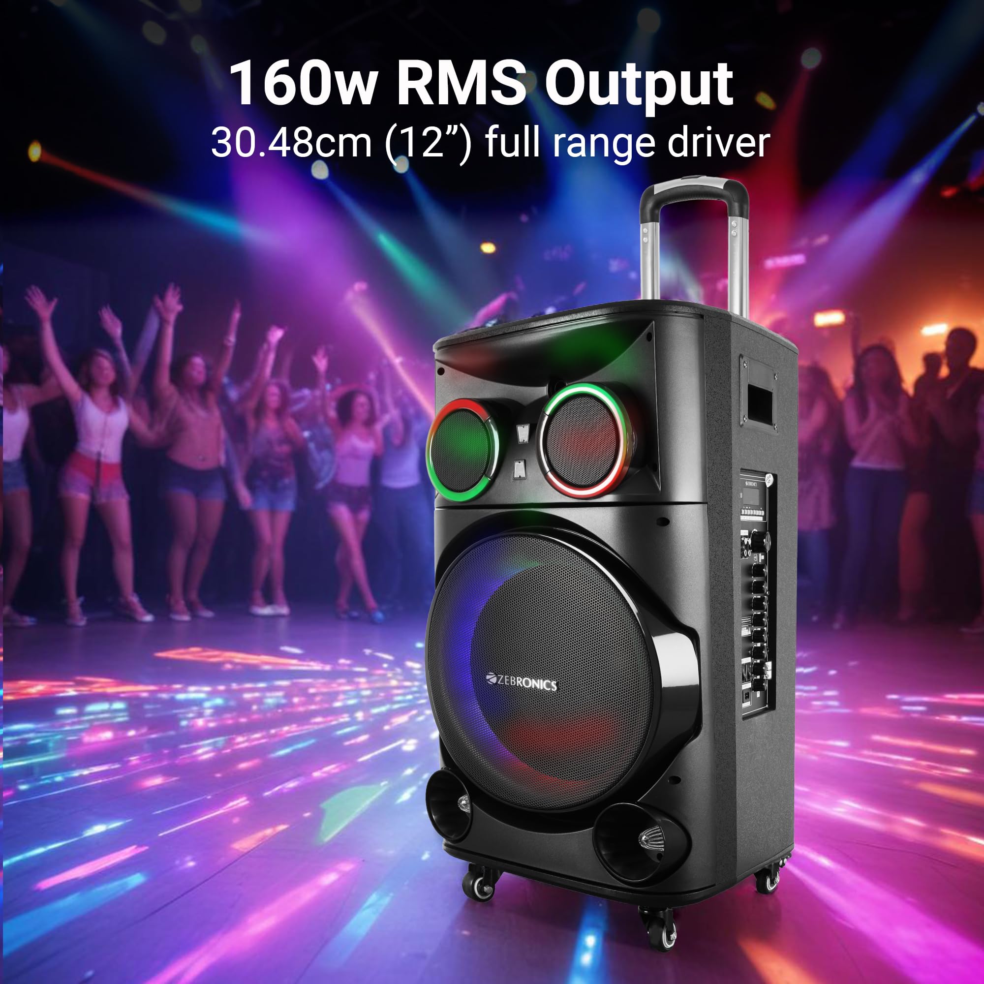 ZEBRONICS GINOX Plus Party Trolley DJ Speaker,160W,Upto 10H Battery,Karaoke,BT V5.0 | TWS | USB | Msd | 2X Mic & Guitar Input | Aux in/Out,RGB LED,12Full Range Driver,with 2X UHF Wireless Mic,Black - Image 2 thumbnail