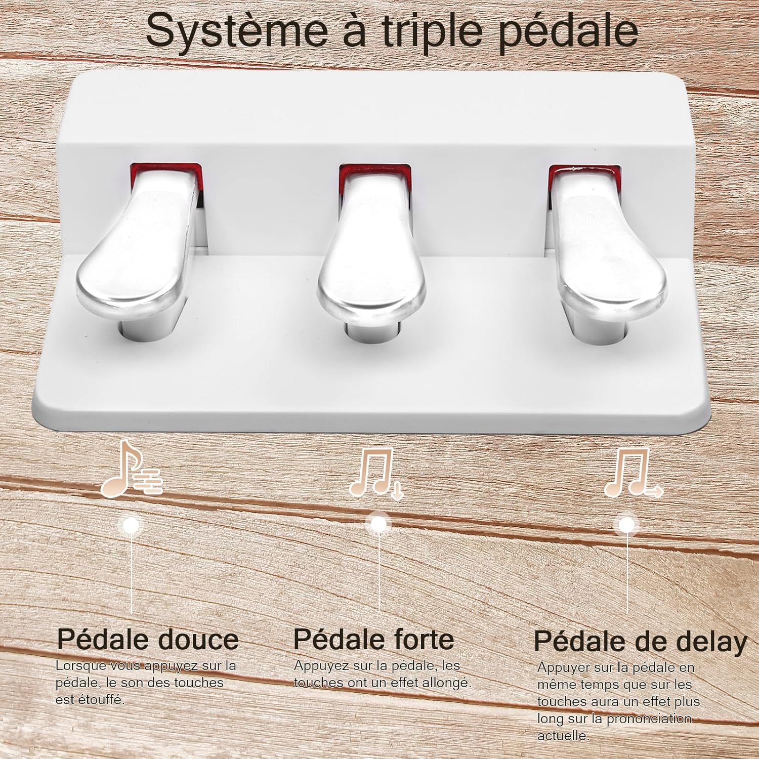 Triple pedal unit of the LEADZM Digital Piano with Soft, Sustain, and Sostenuto pedal functions.