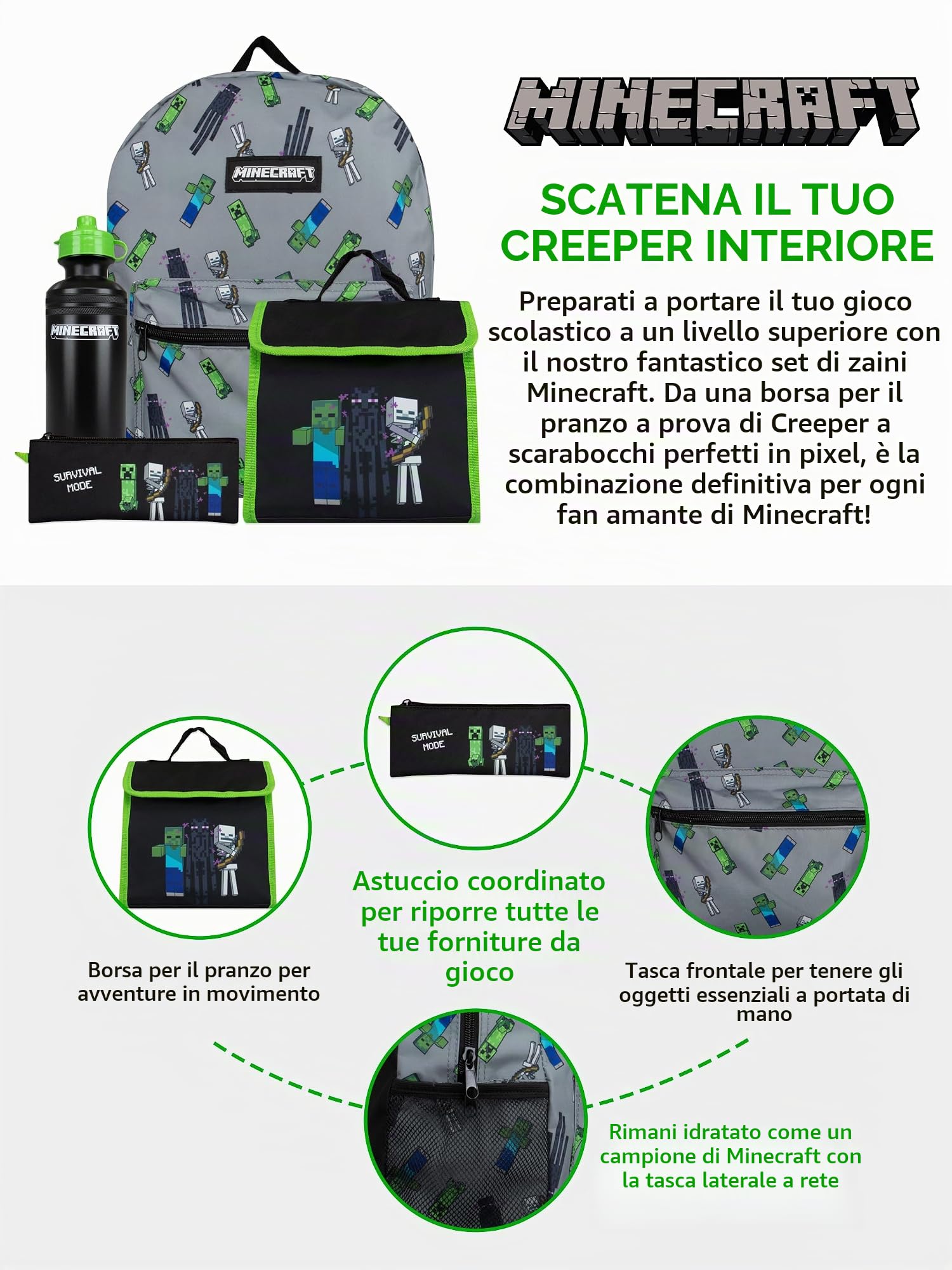 Minecraft Zaino Bambino Creeper Borsa Bambini | Set Zaino Scuola Elementare Bambino | Zainetti Con Astuccio | One Size Nero