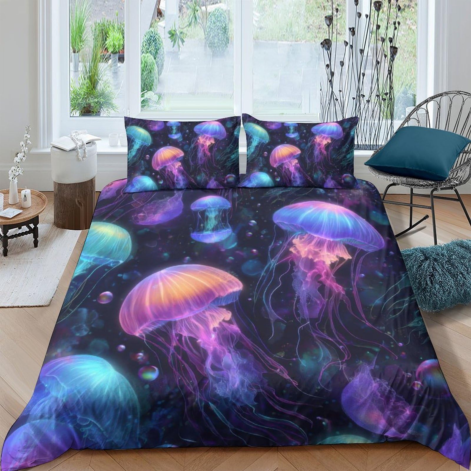 GPLZQXKJNH 3D Printed Jellyfish Ocean Duvet Cover Microfiber Soft Breathable Space Underwater Bedding Set with 2 Pillowcases for Bedroom Decor Single（135x200cm）