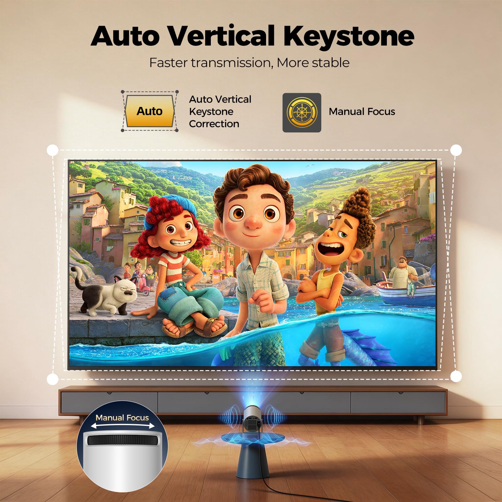 Mini Projector with Bluetooth and WiFi, Upgraded 200 ANSI Lumens Portable Projector 4K, Auto Focus/Keystone view 3