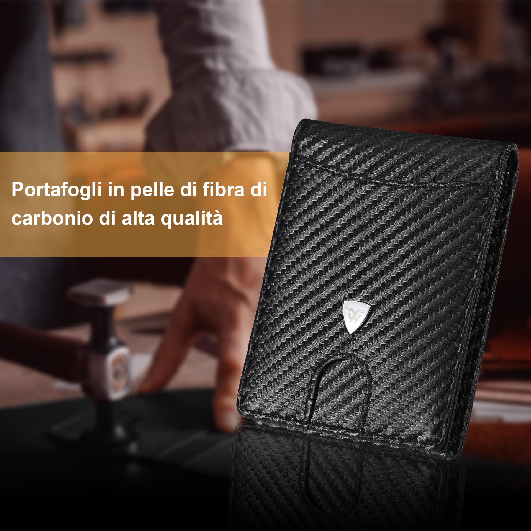 WONSEFOO Portafoglio Uomo Slim RFID Blocking in Fibra di Carbonio con 12 Slot per Carte di Credito, Bi-Fold - Nero