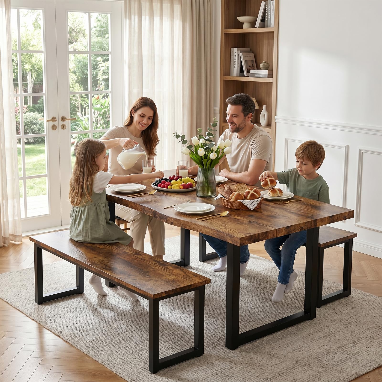 JIEXI Set tavolo da pranzo con 2 panche, tavolo da cucina rustico da 145 cm e panche per 4-6 persone, tavolo da pranzo in legno con robusta struttura in metallo