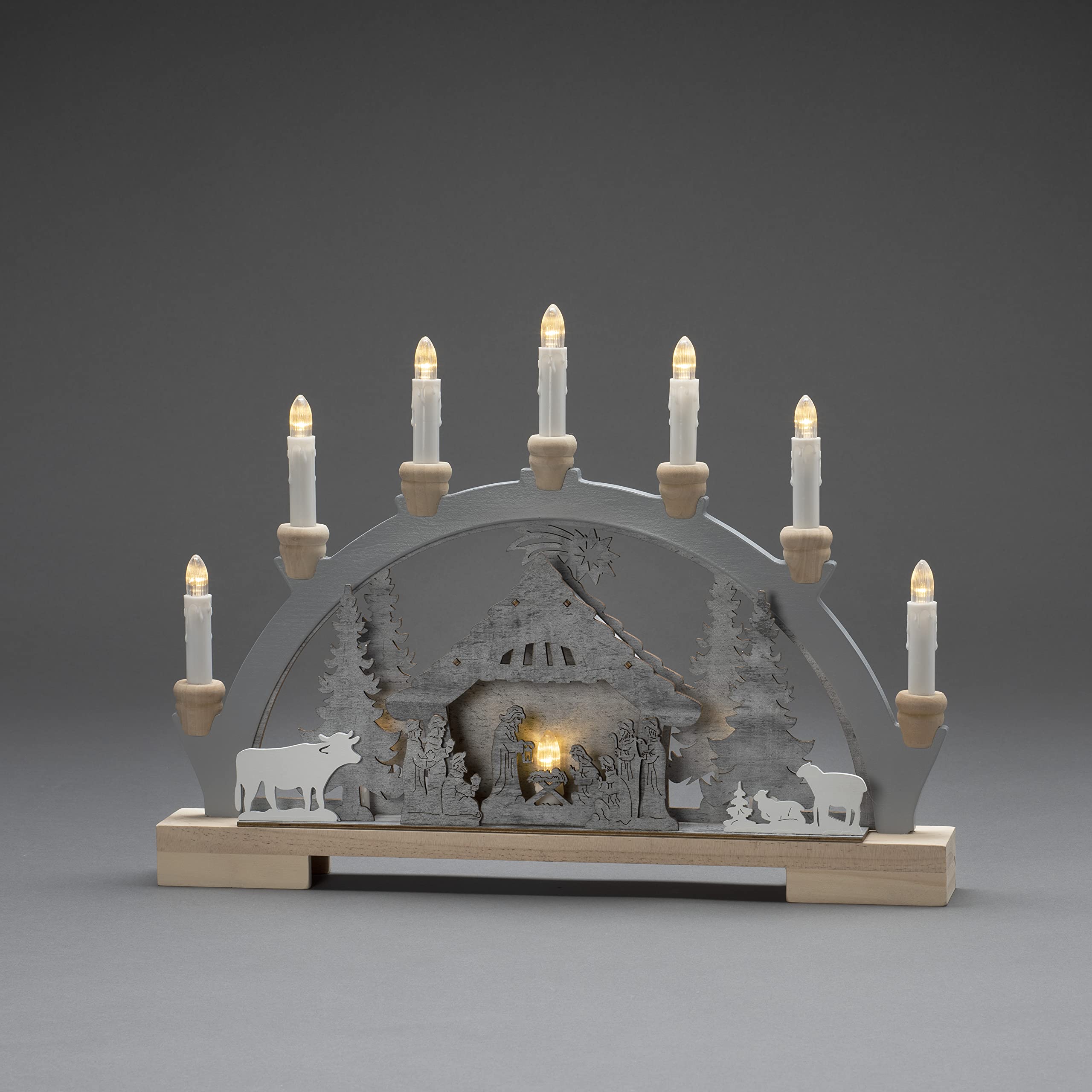 Konstsmide Christmas Lights/LED Nativity Scene Wooden Table Decoration/Indoor Use (IP20)/Transformer or Battery Operation (Excl.)/10 Warm White Diodes/Transparent Cable, Wood, Grey