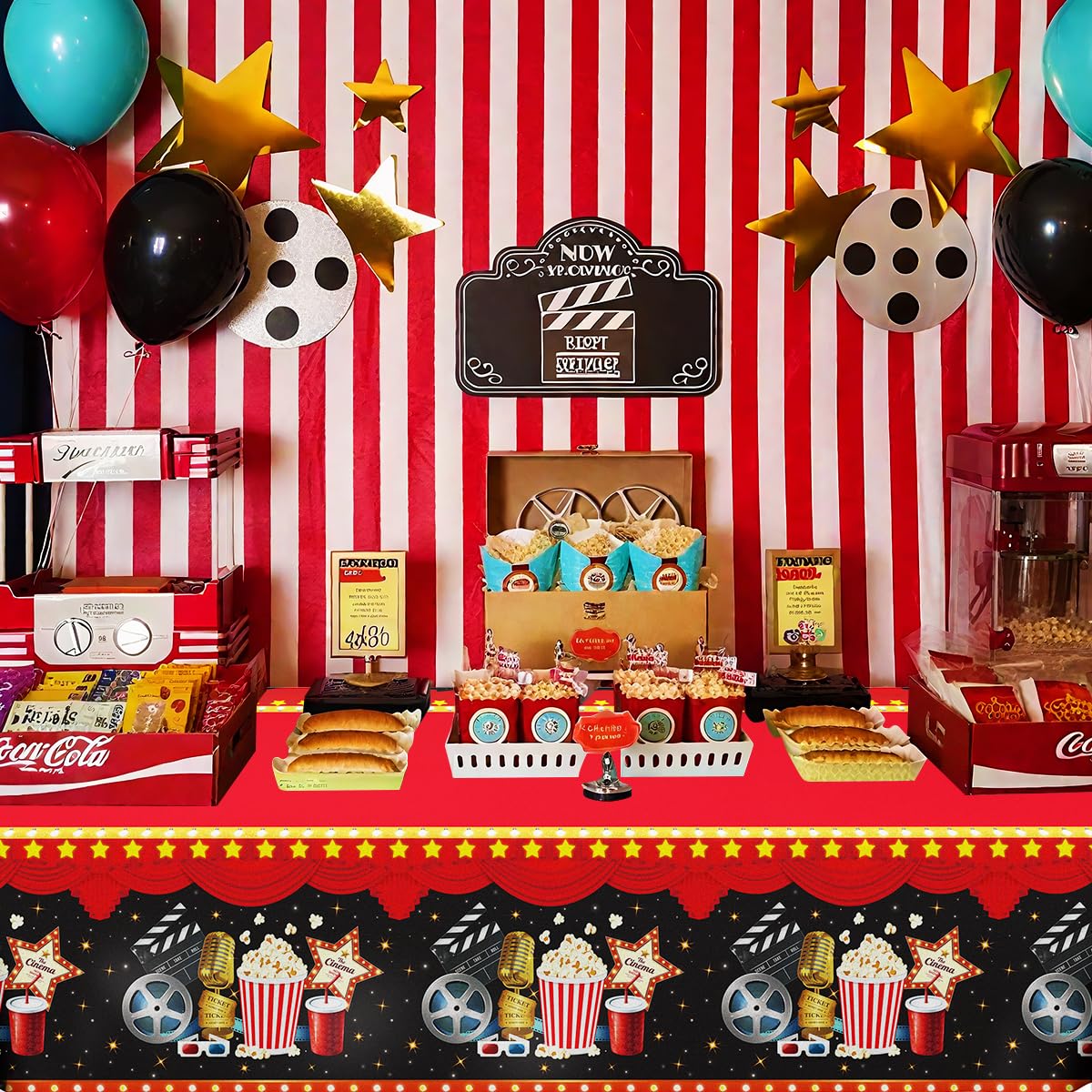 4 piezas de manteles de noche de película temática de cine decoraciones de fiesta alfombra roja manteles palomitas de maíz mantel entrega de premios se muestra ahora tema cumpleaños accesorios 130 x
