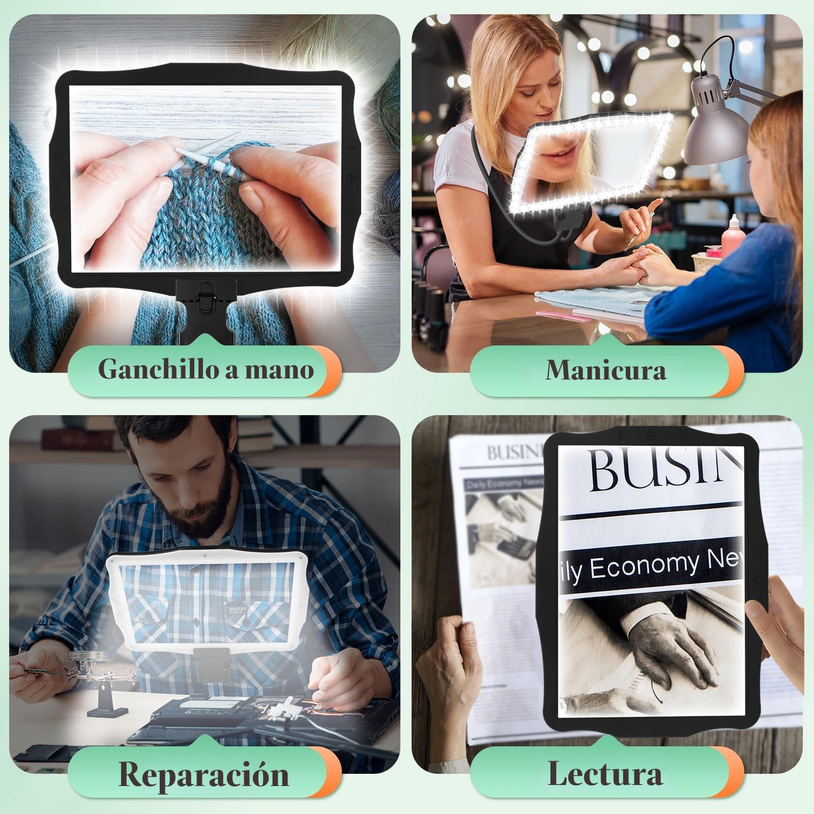 NZQXJXZ 10X Recargable Lupa con Luz, Lupas Grandes con Manos Libres para Leer Libros, Lupa de Página Completa de Libro, Lupa de Cuello de Cisne Flexible para Reparar, Coser, Personas con Baja Visión