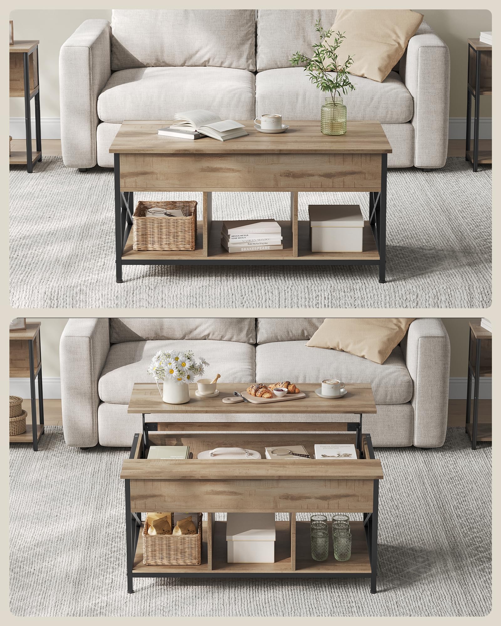 VASAGLE Couchtisch, höhenverstellbarer Wohnzimmertisch, Kaffeetisch, offener und versteckter Stauraum, X-Streben, 60 x 100 x (48-62) cm, Kamelbraun-schwarz LCT205K50