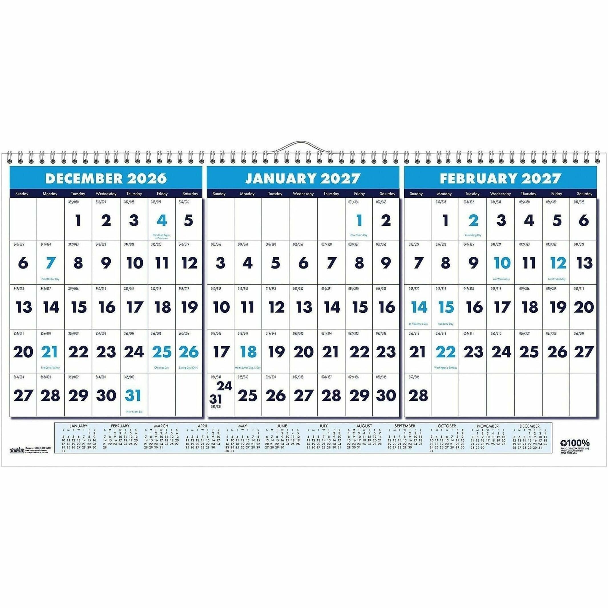House of Doolittle Wandkalender 2023, Drei-Monate-Horizontal, 43,2 x 20,3 cm, Dezember - Januar (HOD3647-23)