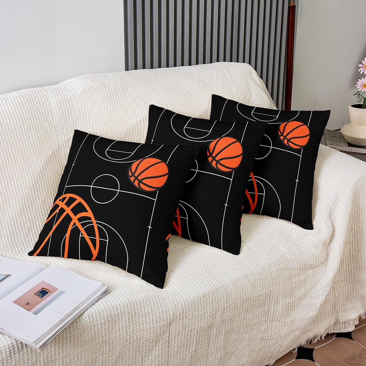 Basketball Throw Pillow Covers 24"x24" Set of 2 Kids Basketball Court Decorative Pillowcase for Sofa Couch Bed Chair Car Gaming Sports Cushion Case Sports Theme Black Outdoor Pillows Covers Room Decor