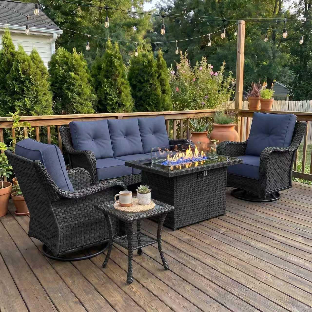 LayinSun 5 Piece Wicker Outdoor Furniture Set with 6-inch Comfy Cushions