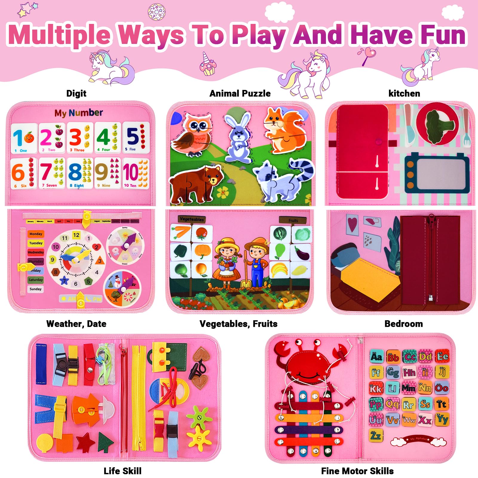 RunHero 10-in-1 Montessori Activity Board - Felt Sensory Learning Toy, Travel Toy for Car & Airplane, Ages 1-4 (Pink) - Image 3