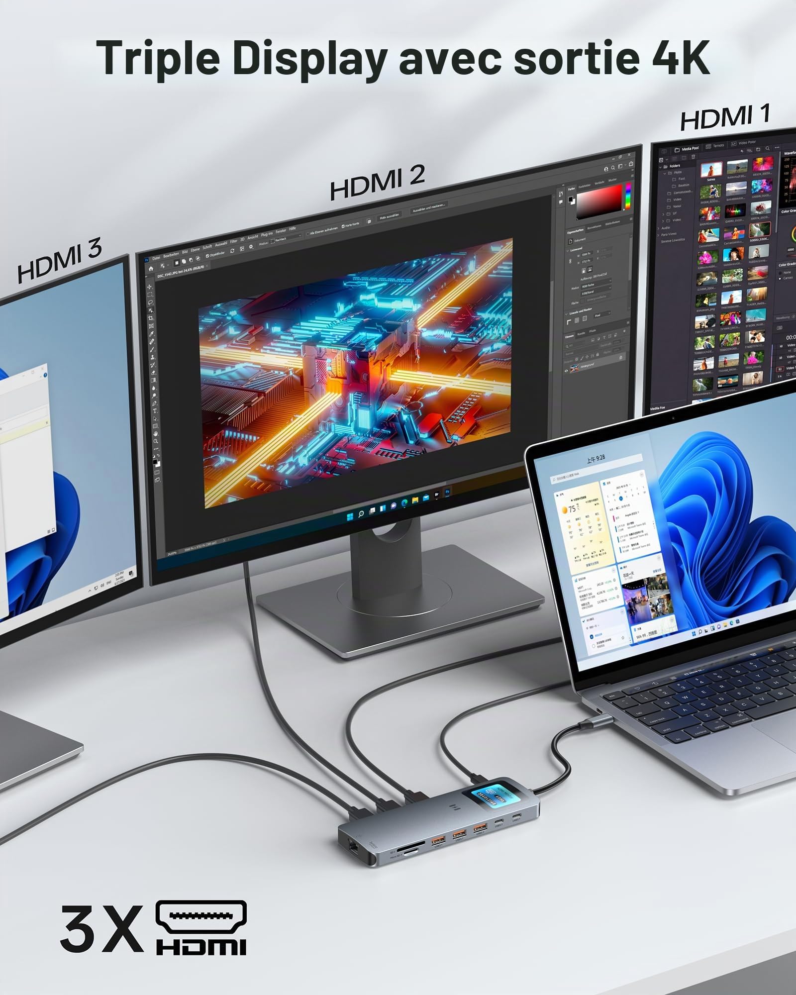 Station d'accueil USB C 3 HDMI pour ordinateur portable 3 moniteurs 13 en 1 Hub USB C Triple écran avec 3 ports HDMI 4 K, Ethernet 2,5 G, PD 100 W, 5 x 10 Gbps USB 3.1, écran intelligent, SD/TF pour