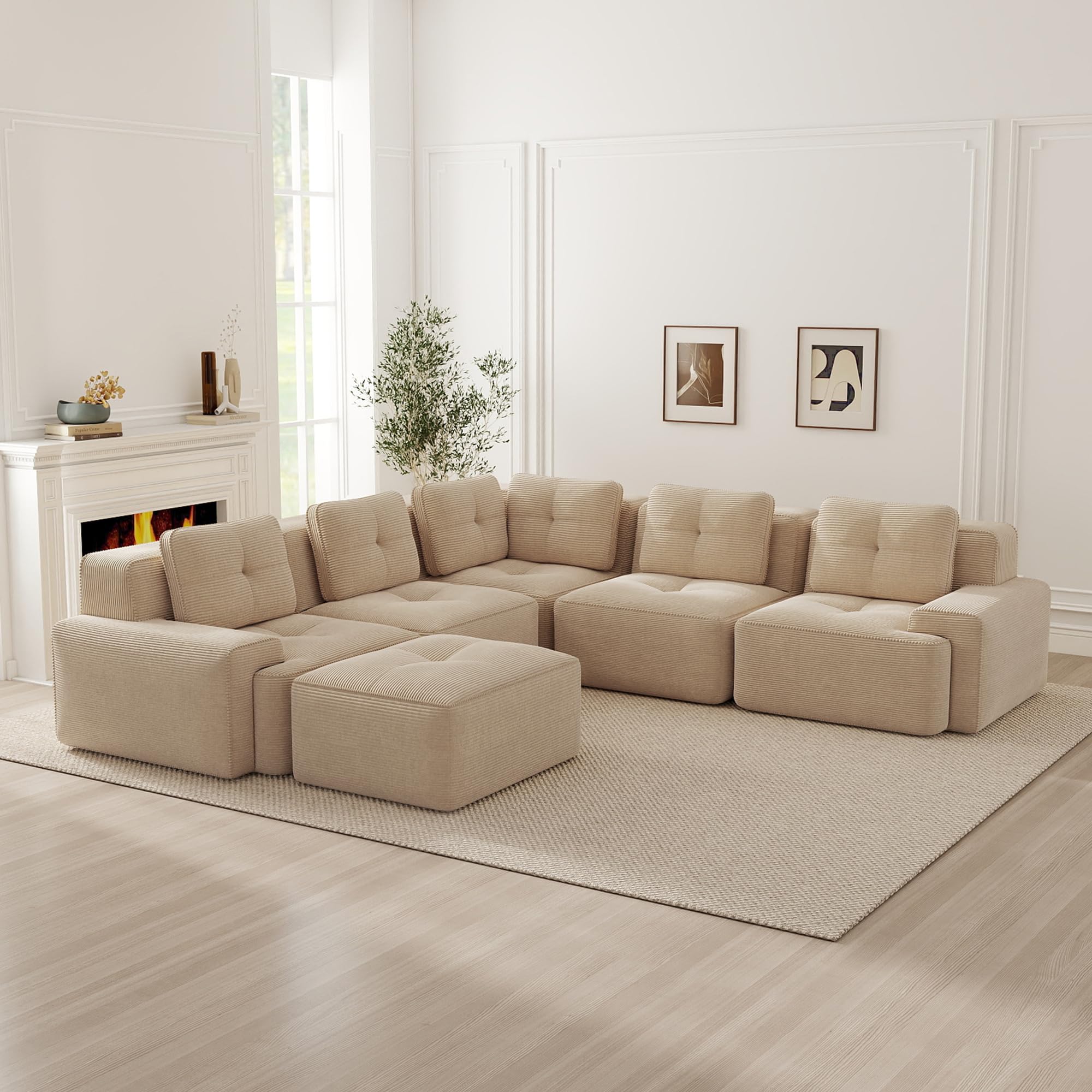 Gran sofá de esquina convertible, sofá modular de 295 cm, 6 plazas con puf, sofá de esquina en U, sofá cómodo de terciopelo de aspecto nublado, combinaciones libres, no requiere montaje, beige
