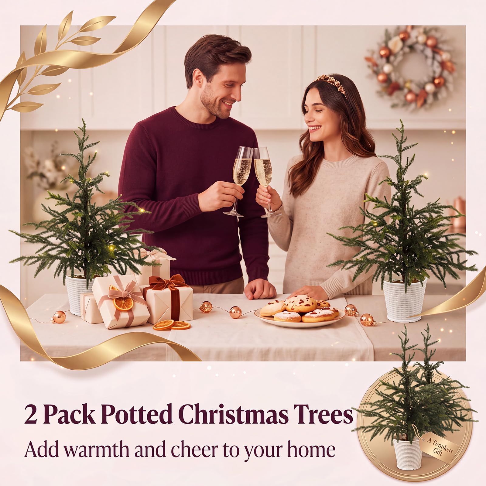Cinnvoice Norfolk Lot de 2 sapins de Noël artificiels de 0,6 m avec lumières LED sur la table - Sapins de Noël pré-éclairés à piles pour intérieur ou extérieur - Décoration de vacances