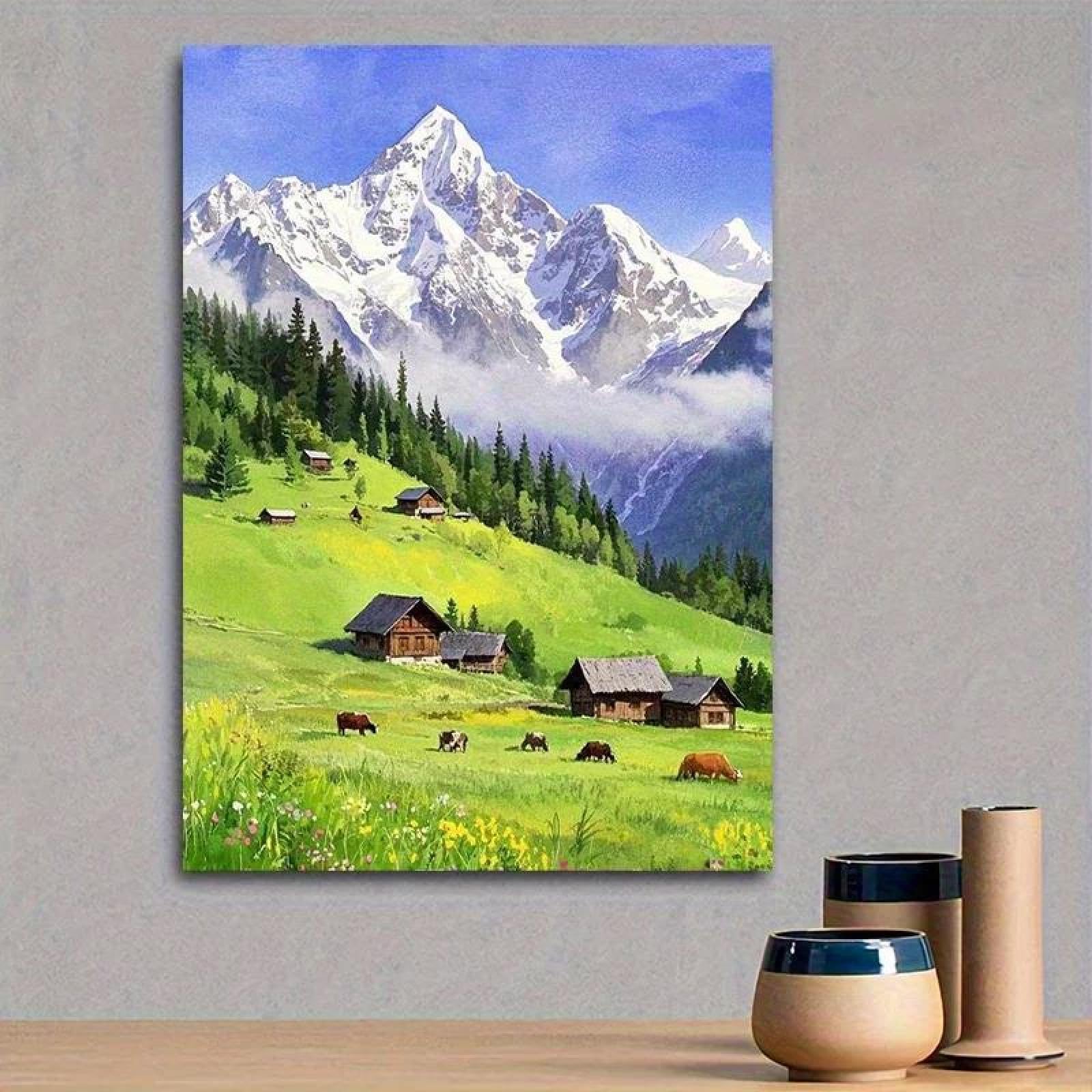 Yocheng Snow-Capped Mountain Canvas Art Print - Serene Rural Landscape With Grazing Cows 40x50cm No Frame