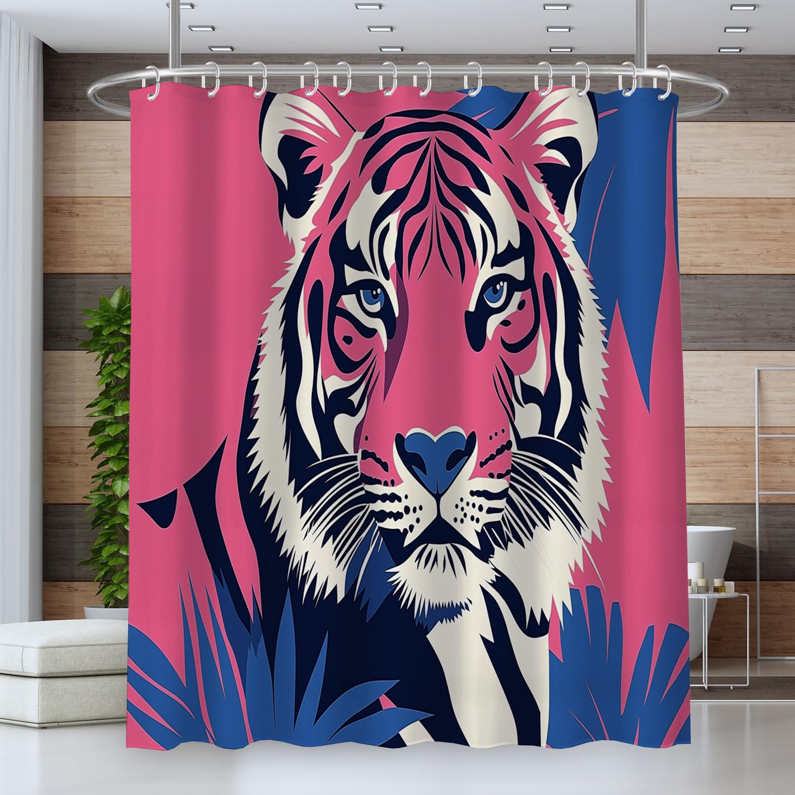 Cortinas de Baño Poliester Lavable, Animales Graffitis Cortina de Ducha, Silueta De Tigre Cortina Ducha 200x200cm, Estampado Cortina Bañera Secado Rápido con 12 x Ganchos