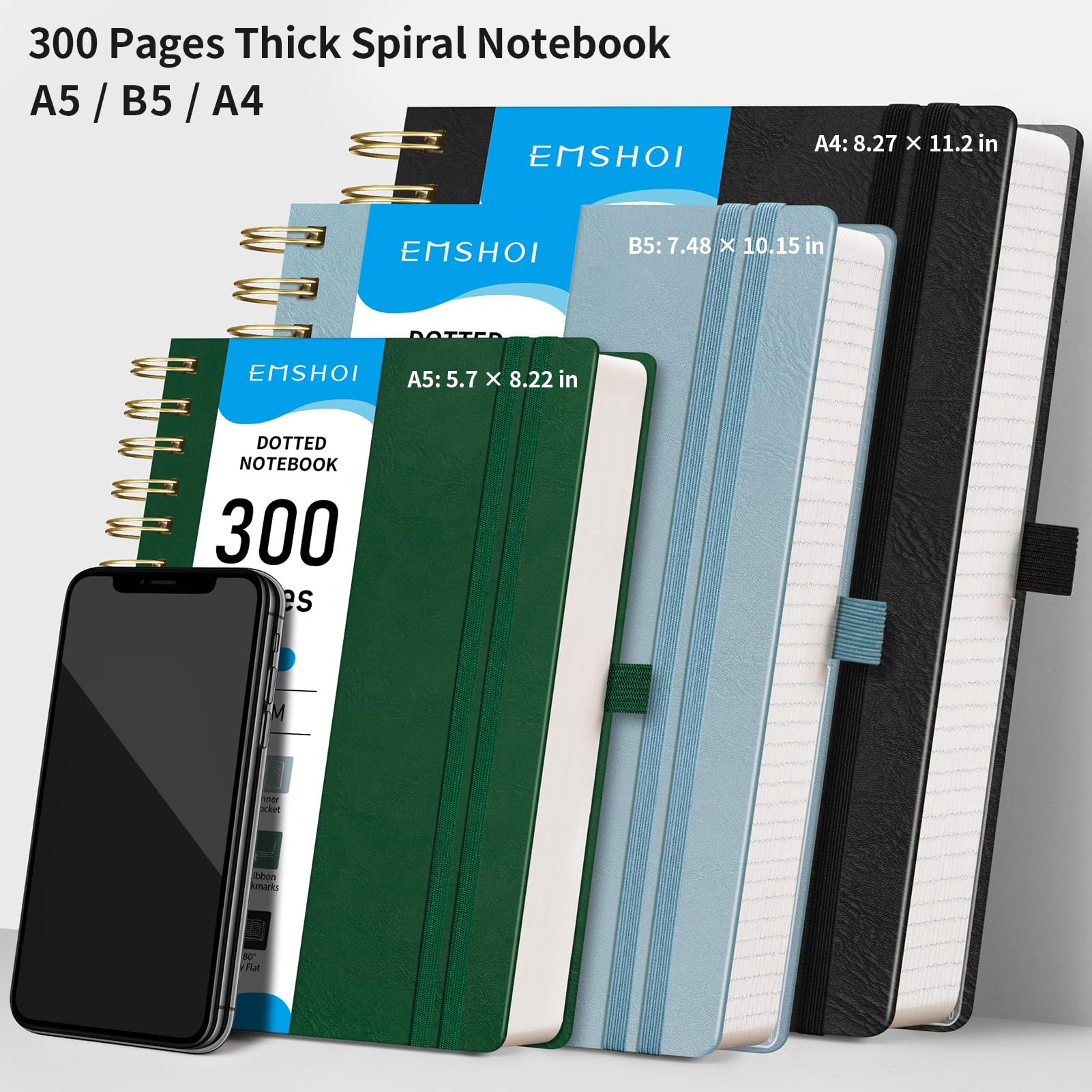 EMSHOI Carnet à spirales A4, 300 pages, papier épais à pois 100 g/m², 21 x 28,4 cm, couverture rigide pour l'école, le travail, la prise de notes, noir