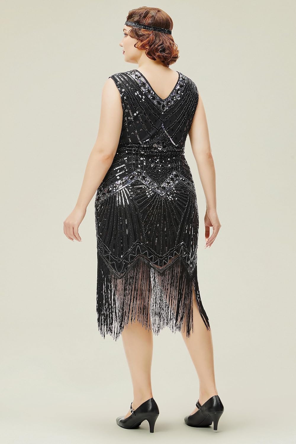 BABEYOND Women's Plus Size Flapper Dresses 1920s V Neck Beaded Fringed Great Gatsby Dress