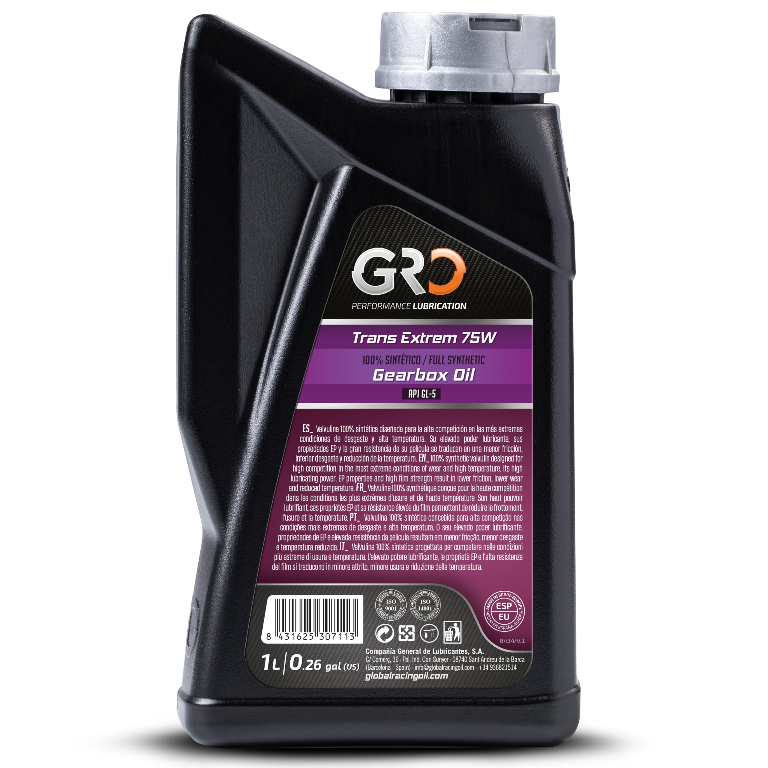 GRO Trans Extrem 75W - 1L - Lubricante 100% Sintético para Transmisiones de Motos de Trial, Enduro y Cross - Valvulina API GL-5 - Aceite Caja de Cambios Manual - Aceite para Engranajes Moto