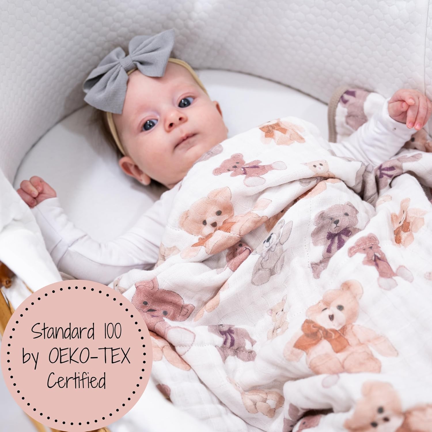LollyBanks Muslin Baby Quilt, 100% Cotton Baby Blanket for Boys and Girls, Large 47 x 47 Inches, 6-Layer Soft and Breathable Infant Blanket, Cozy Nursery Blankets, Registry (Teddy Bear Print)