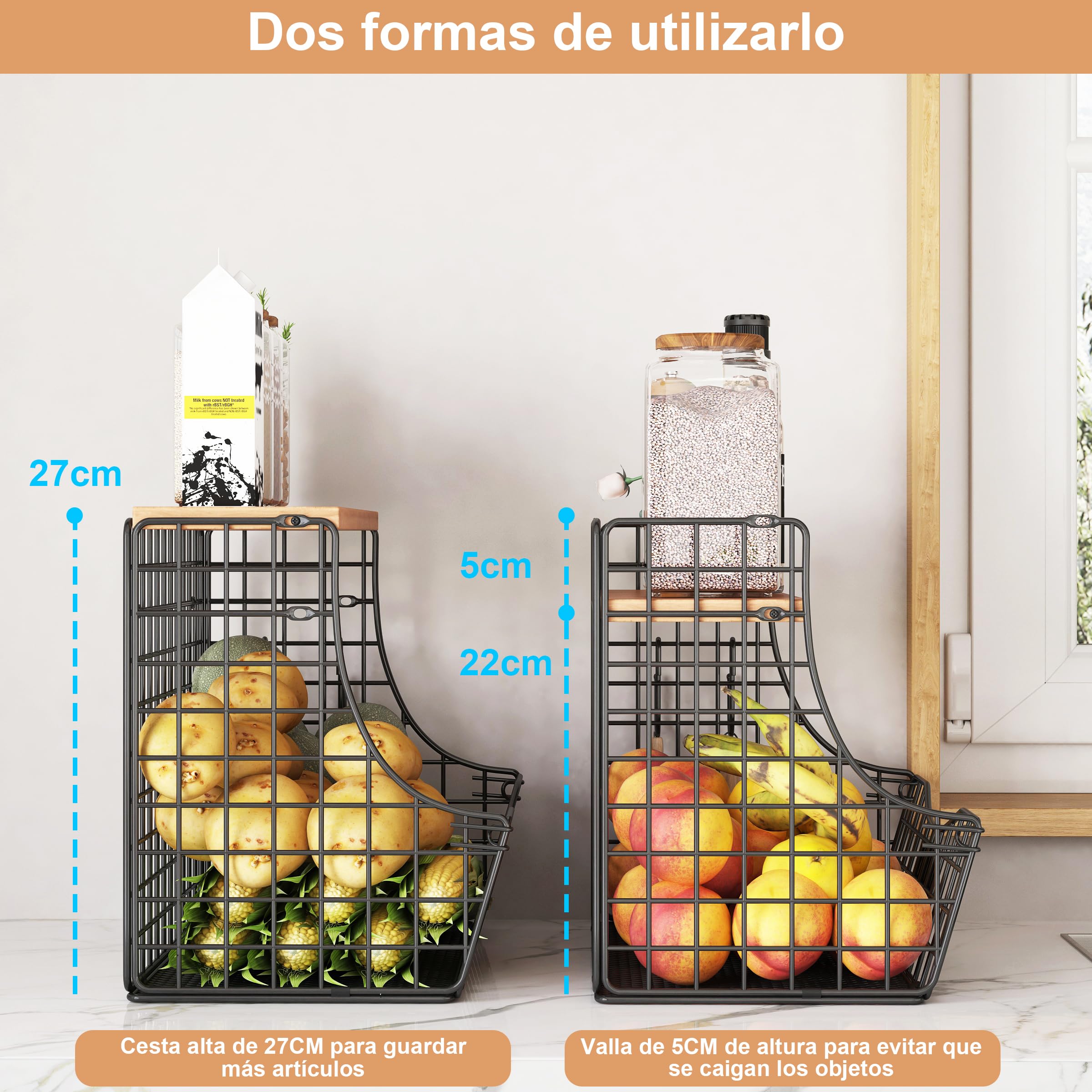 UMDONX 3 Piezas Fruteros de Cocina Metálica Cesta de Fruta de Pared Organizador de Frutas y Verduras con Tapa(Negro,29x19x27cm)