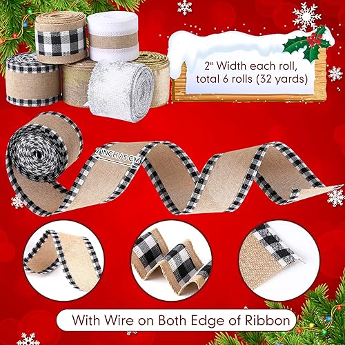 Miniatura 3 de 6 rollos de cintas navideñas con alambre de 32 yardas, cinta multicolor de búfalo a cuadros, cinta de arpillera con borde con alambre, cinta de