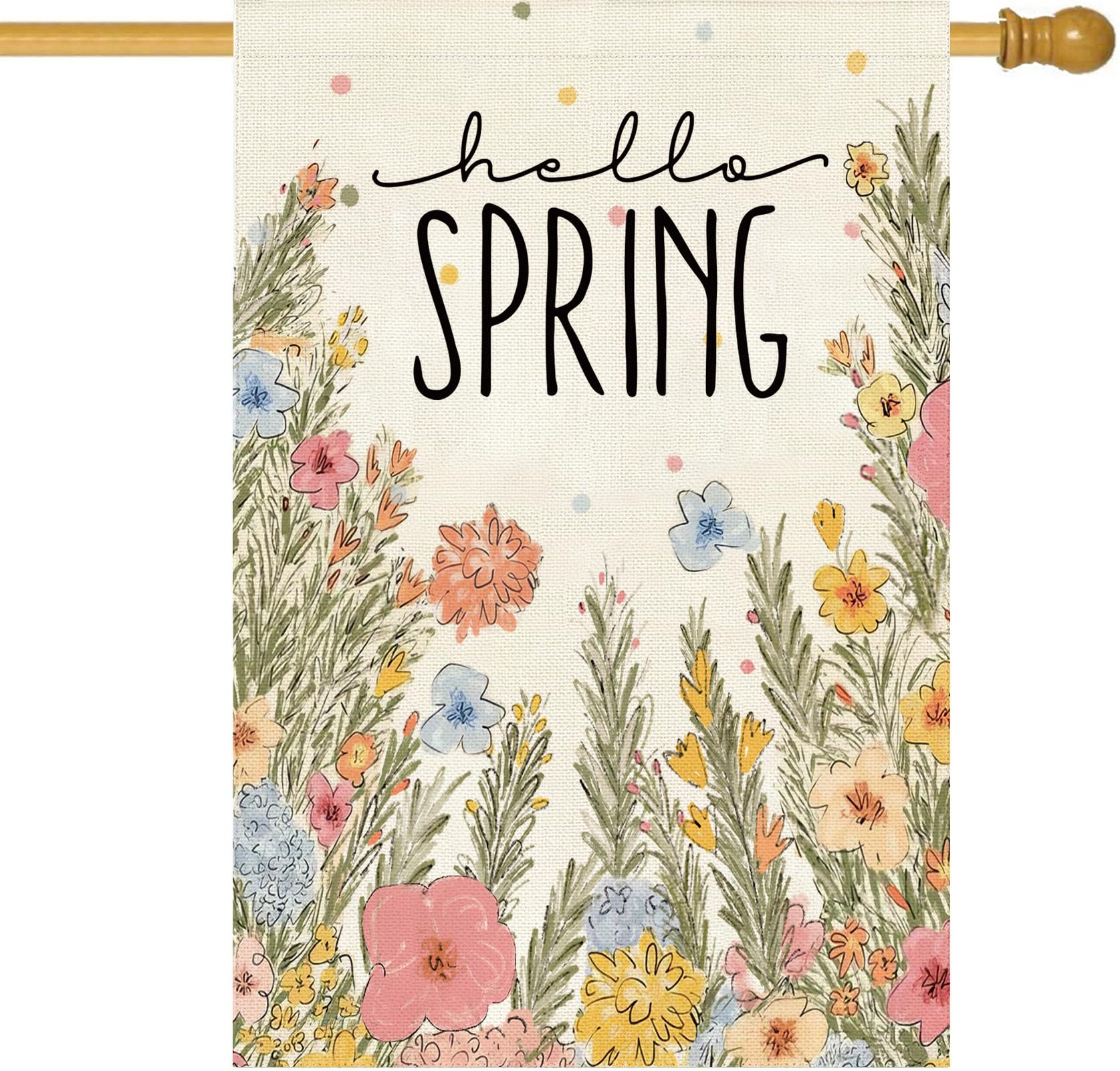 Baccessor Hello Spring House Flag 28 x 40 Inch Vertical Double Sided Burlap Spring Easter Farmhouse Flowers Large Yard Flag Spring Summer Holiday Seasonal Yard Outdoor Outside Decoration