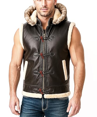 LP-FACON Men's Dark Brown Sheepskin Leather Vest - Removable Shearling Hood, Winter Aviator Style Biker Sleeveless Jacket