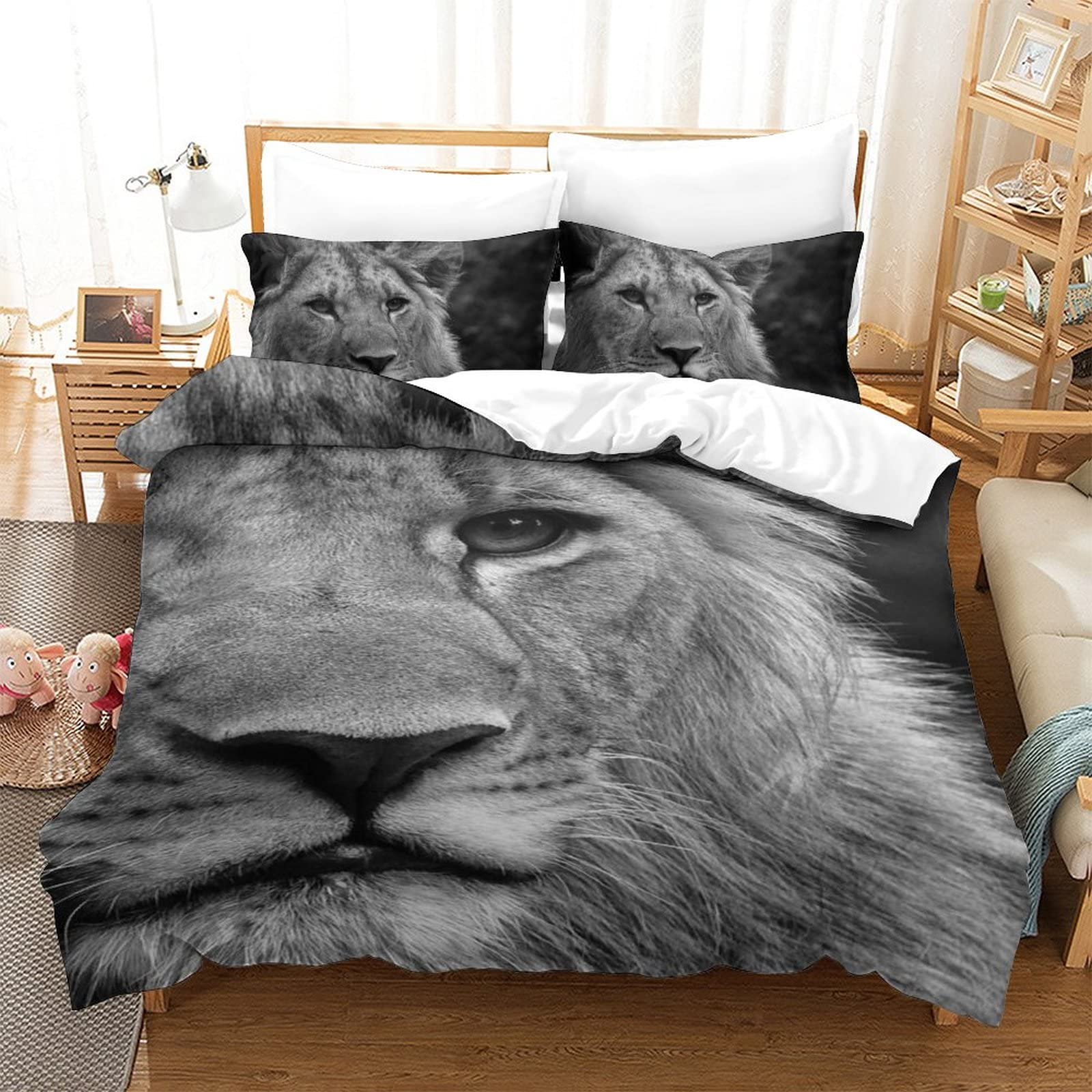 Housse de couette lion 3D 135x200 cm avec sa taie d'oreiller pour lit simple