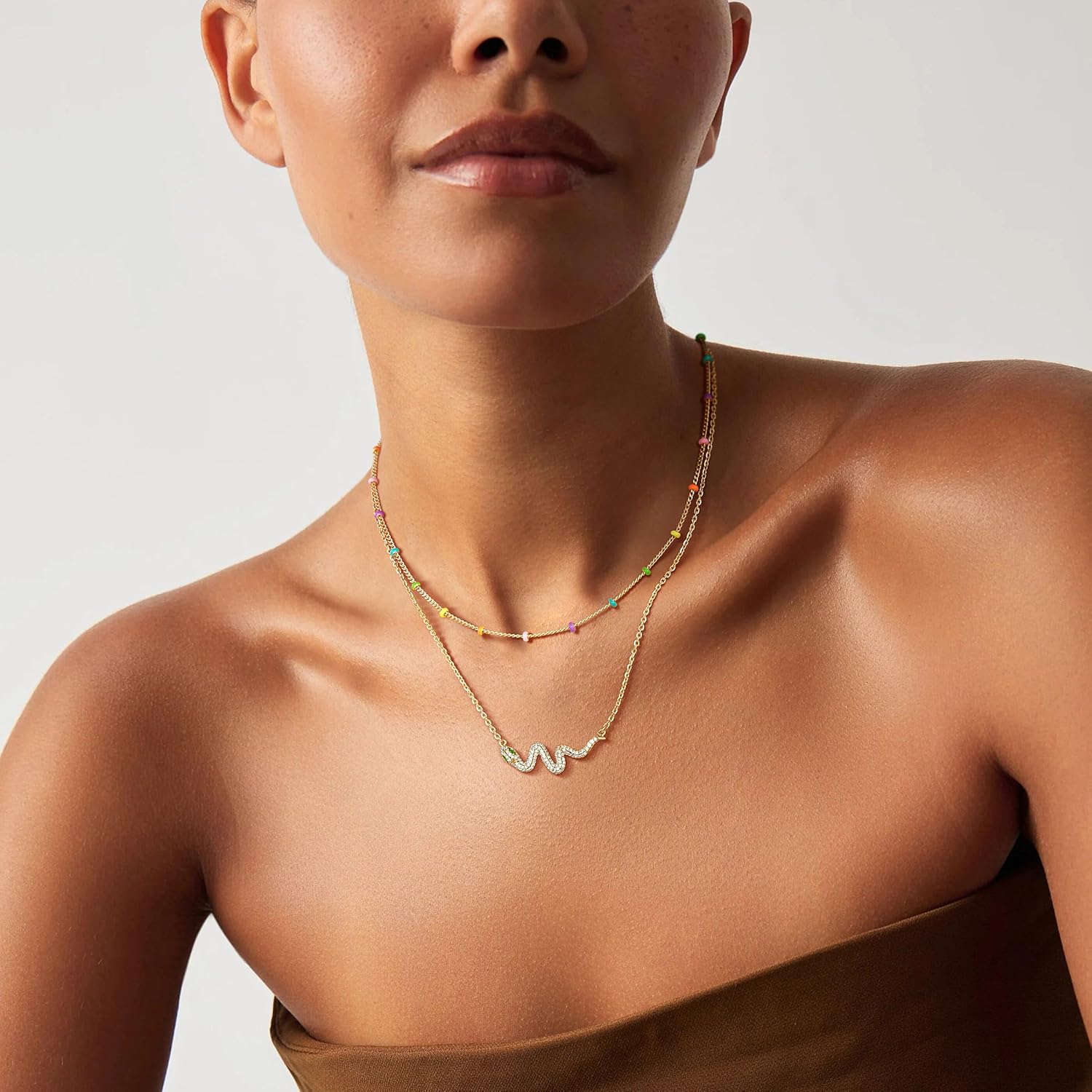 WEARON Gold Choker Necklace for Women 18K Gold Plated Dainty Bead Gene Figaro Heart Herringbone Paperclip Chain Choker Necklace Delicate Choker Jewelry Gifts for Women - Image 2