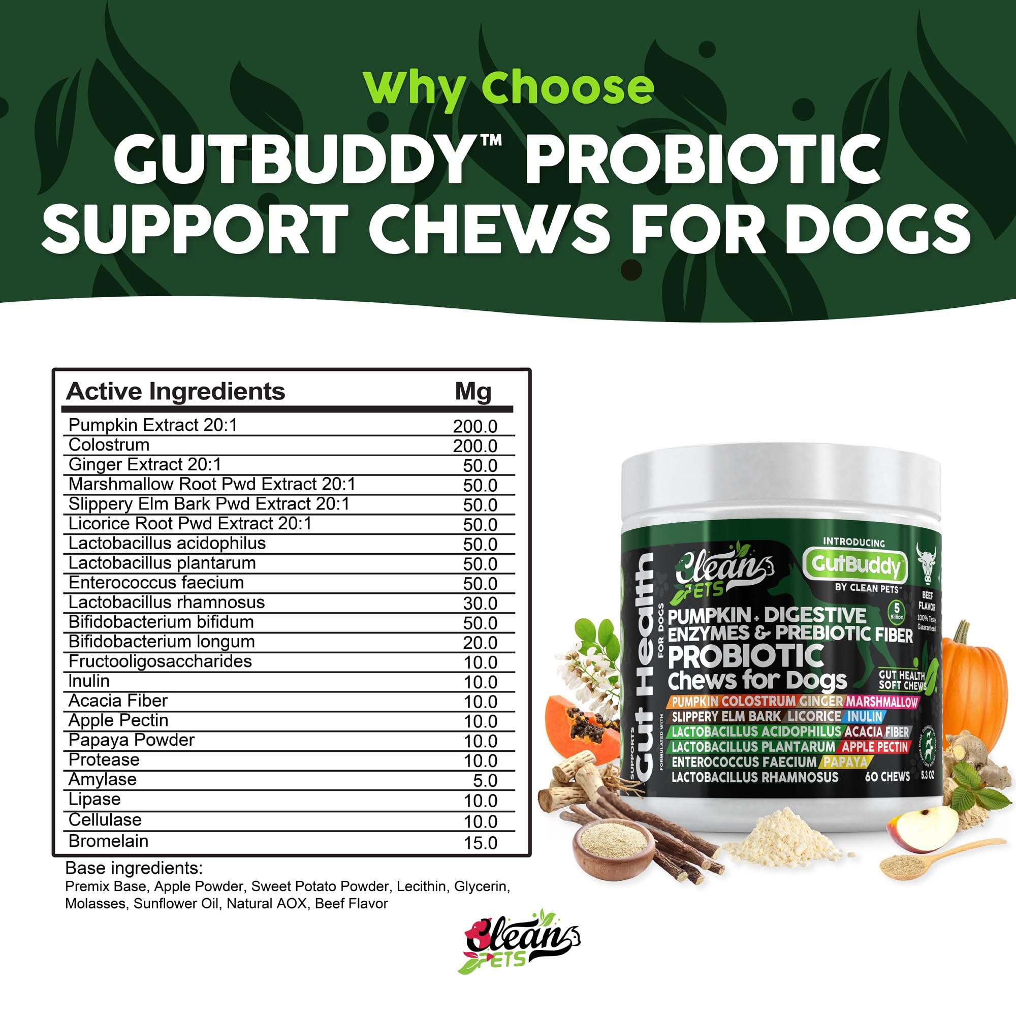 Probiotics for Dogs with Pumpkin, Colostrum, Digestive Enzymes, Ginger, Slippery Elm, Licorice, Inulin Fiber & More | Beef Flavor Soft Chews for Gut Health and Digestion Dog Supplement