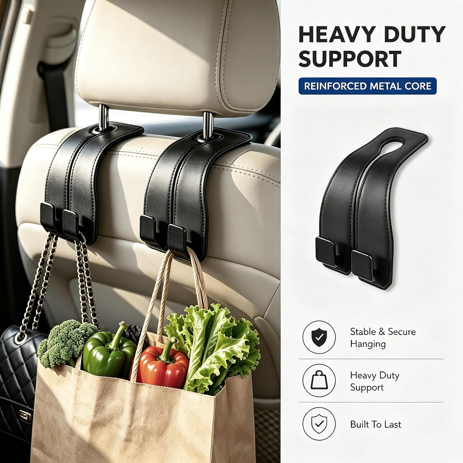 vidonio 4 Pack Leather Headrest Hooks for Car, Double Car Seat Back Storage Hook for Purses, Handbags and Grocery Bags, Heavy Duty Car Purse Holder, Universal Car Seat Headrest Hanger Accessories