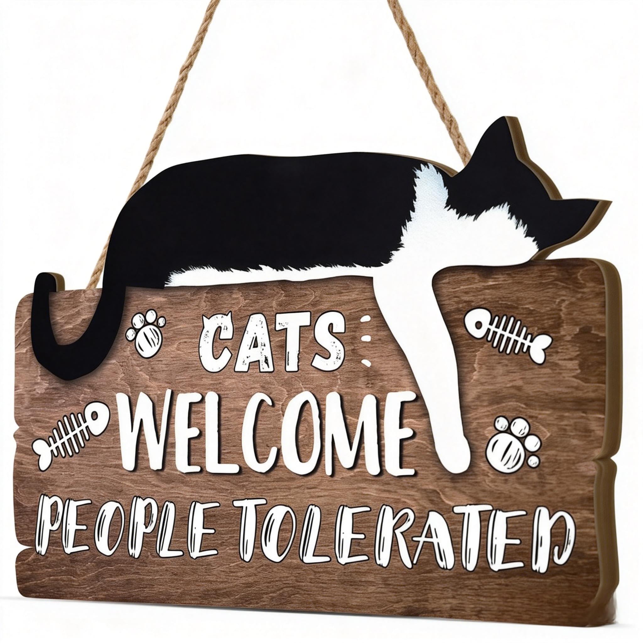 Minwegi Women's Brown Cat Gifts For - Wooden Funny Door Sign With Humor Welcome Message, Home Decor Plaque For Cat Lovers