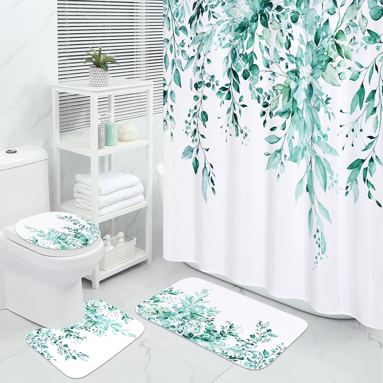 MitoVilla 4 Pcs Teal Blue Eucalyptus Bathroom Sets with Shower Curtain and Rugs, Plant Leaves Shower Curtain Sets for Chic Bathroom Decor, Bathroom Decor Curtain Sets with Mats and Accessories