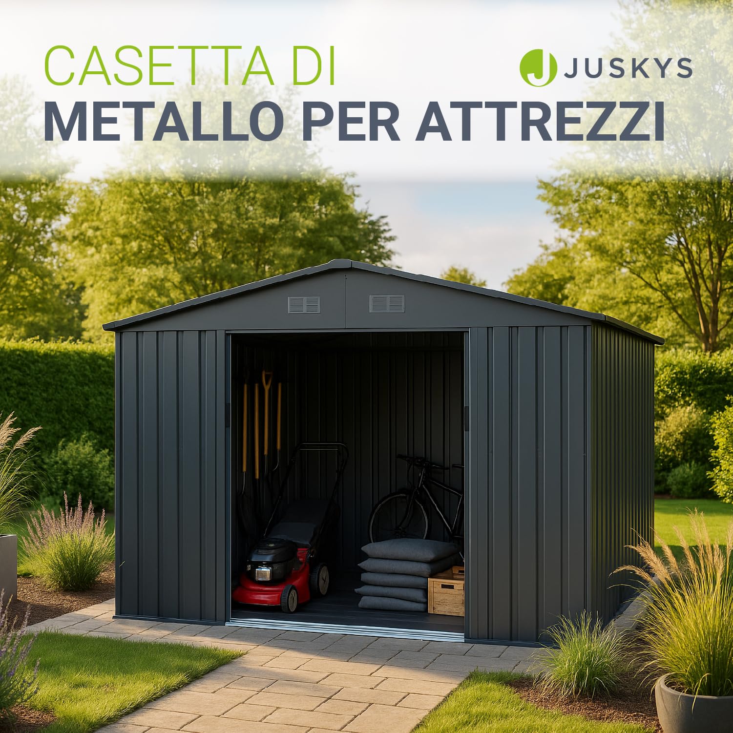 Juskys casetta in metallo XXL – grigio scuro, resistente alle intemperie con telaio di fondazione, porta scorrevole & chiudibile – per giardino & ripostiglio