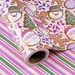 WRAPAHOLIC Reversible Gingerbread Christmas Wrapping Paper - Mini Roll - 17 Inch x 33 Feet - Pink Purple Stripes and Gingerbread Wrapping Paper for Xmas Holiday, Party Celebration