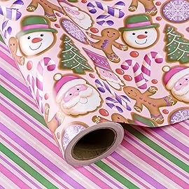 WRAPAHOLIC Reversible Gingerbread Christmas Wrapping Paper - Mini Roll - 17 Inch x 33 Feet - Pink Purple Stripes and Gingerbread Wrapping Paper for Xmas Holiday, Party Celebration