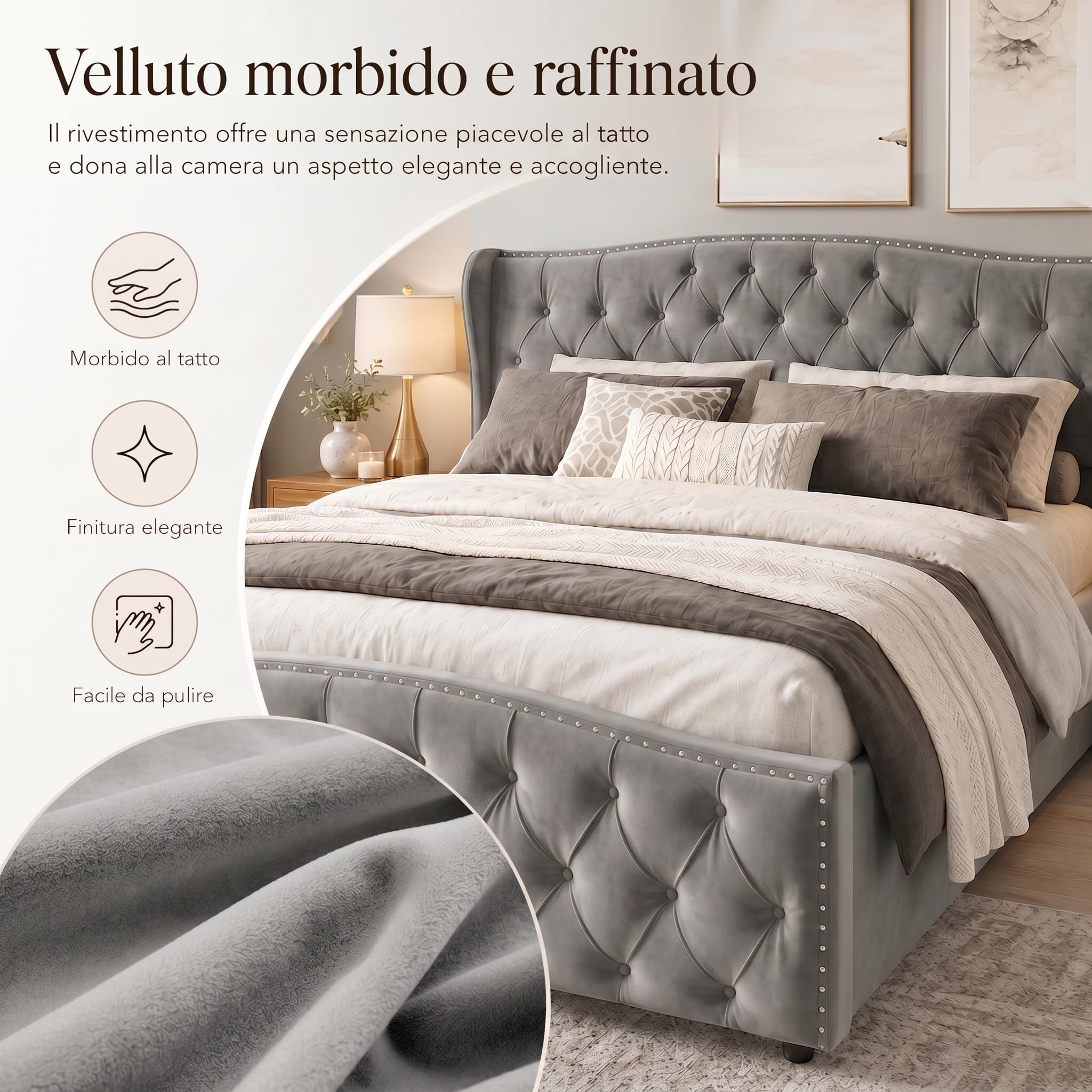 Letto Imbottito Matrimoniale 160 x 200 cm, Letto di Stoccaggio Idraulico
