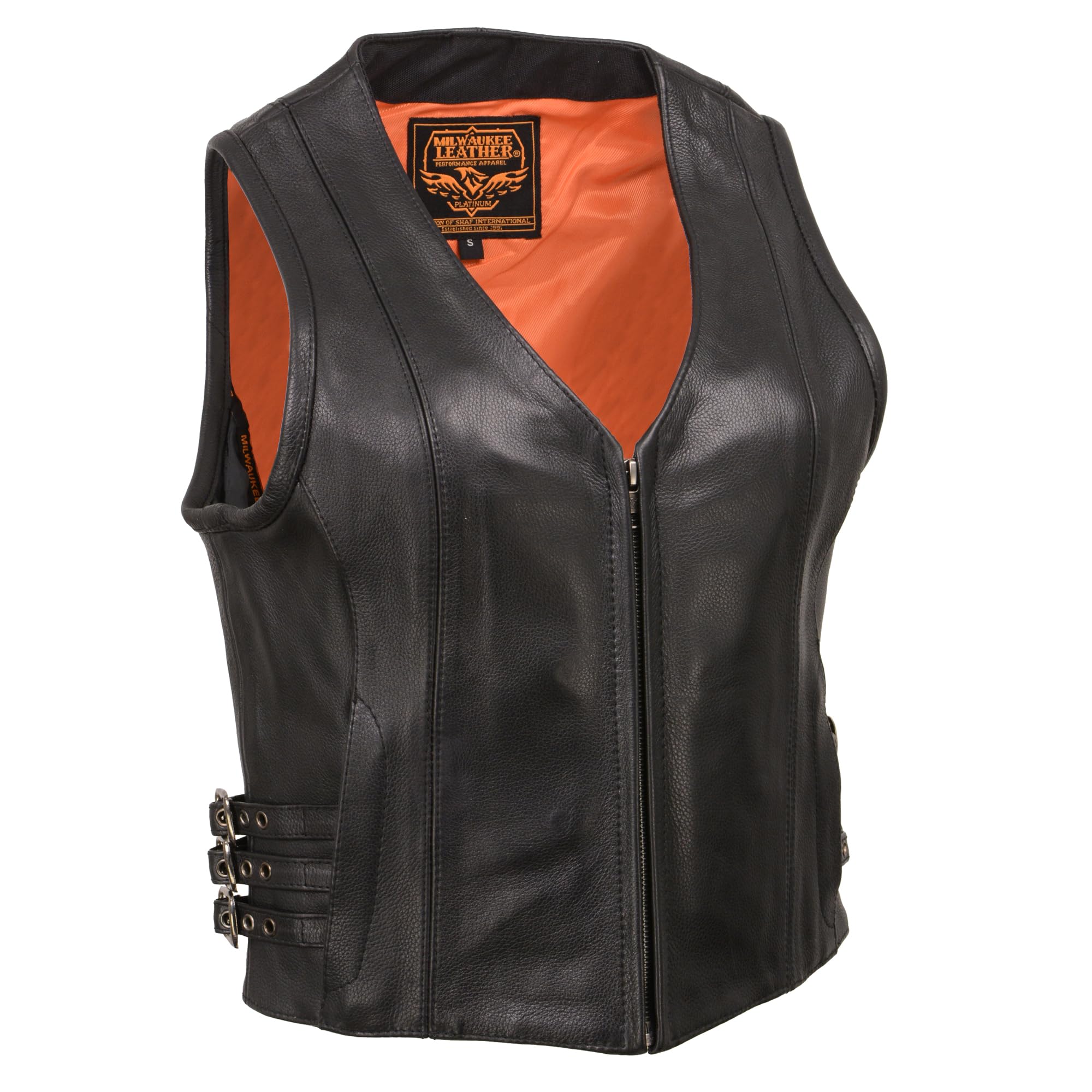 Milwaukee Leather Women's V Neck Zipper Front Side Buckle Vest Black (Medium)