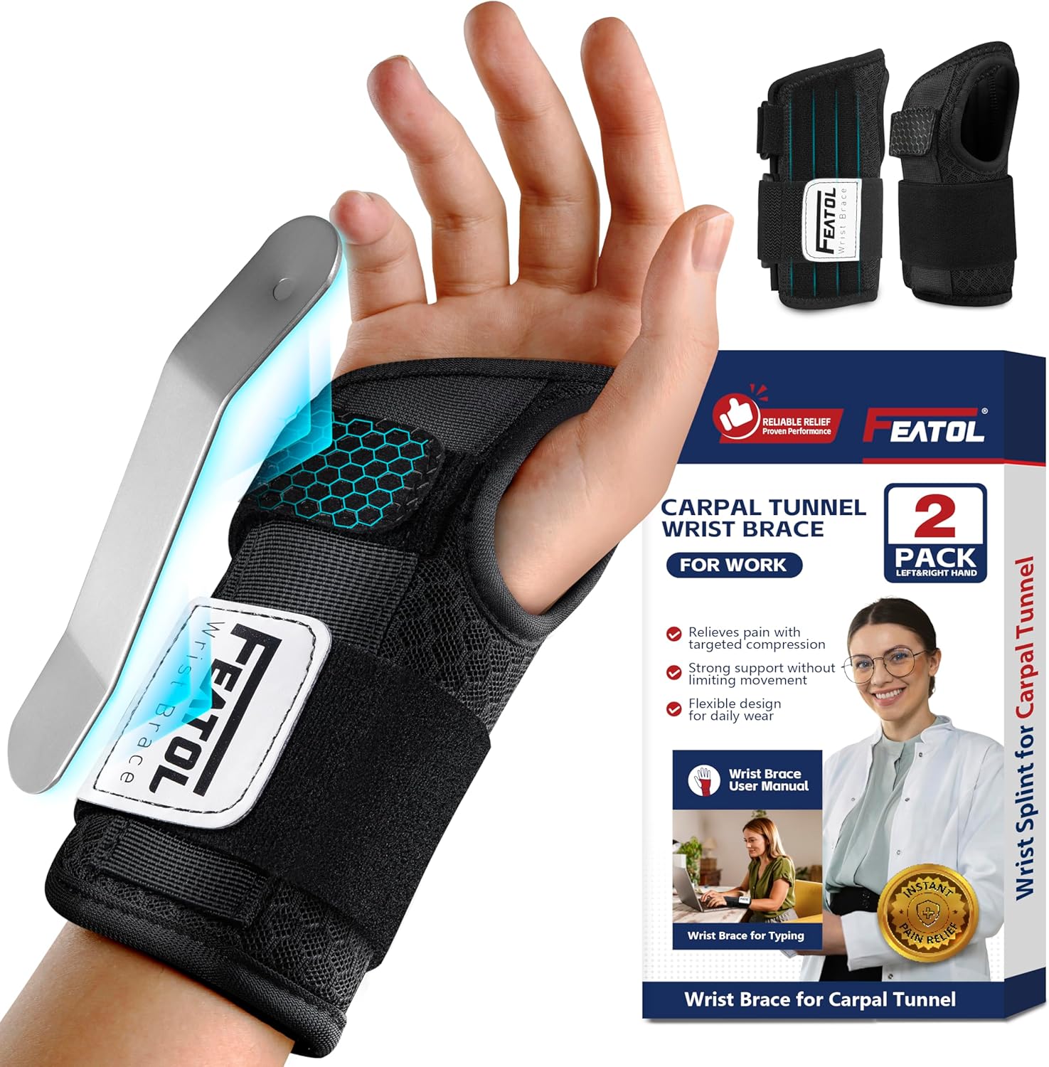 Featol 2 Pack Carpal Tunnel Wrist Brace with Splint, 6.5" Night Support for Men and Women, Pain Relief for Tendonitis and Arthritis