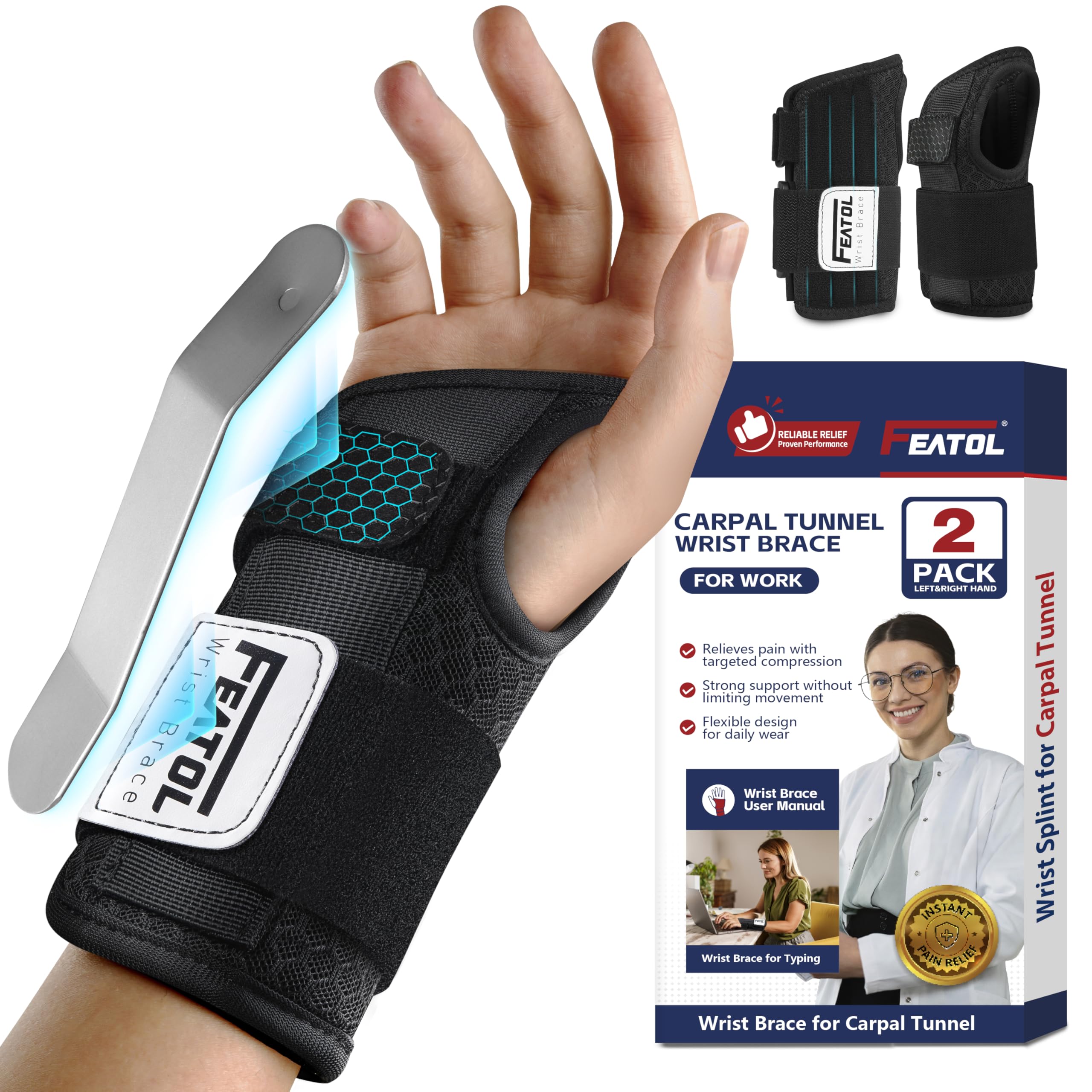 2 Pack Carpal Tunnel Wrist Brace For Work With Wrist Splint, 6.5'' Hand Brace Night Support For Women Men, Pain Relief For Tendonitis, Arthritis, Pregnancy, Typing, Right and Left Hand, Large