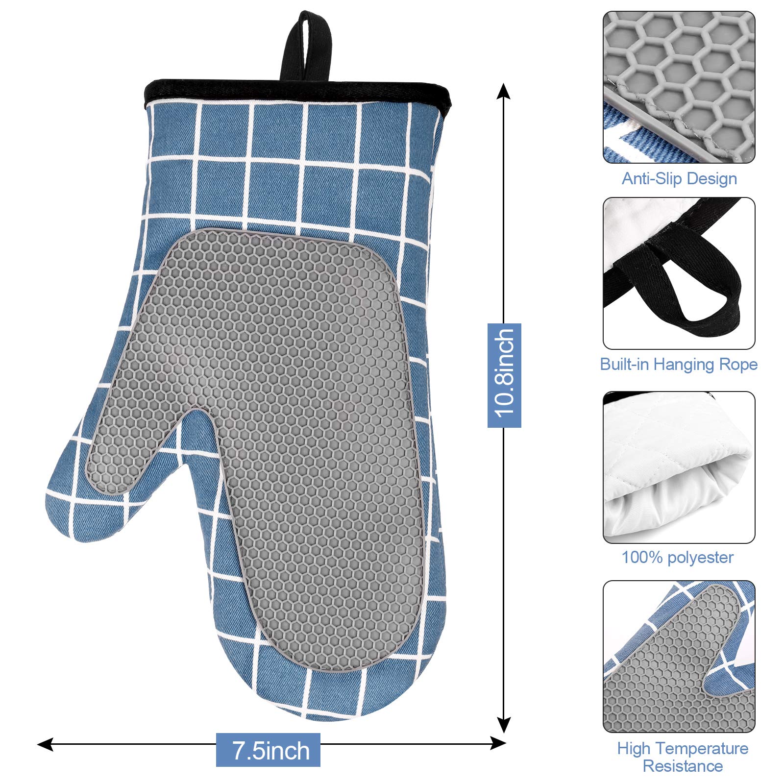 Guanti da Forno, Guanti da Forno in Silicone e Cotone, Antiscivolo Guanti Resistenti al Calore 1 Coppia, per Cucina, Barbecue, Grill (Blue)