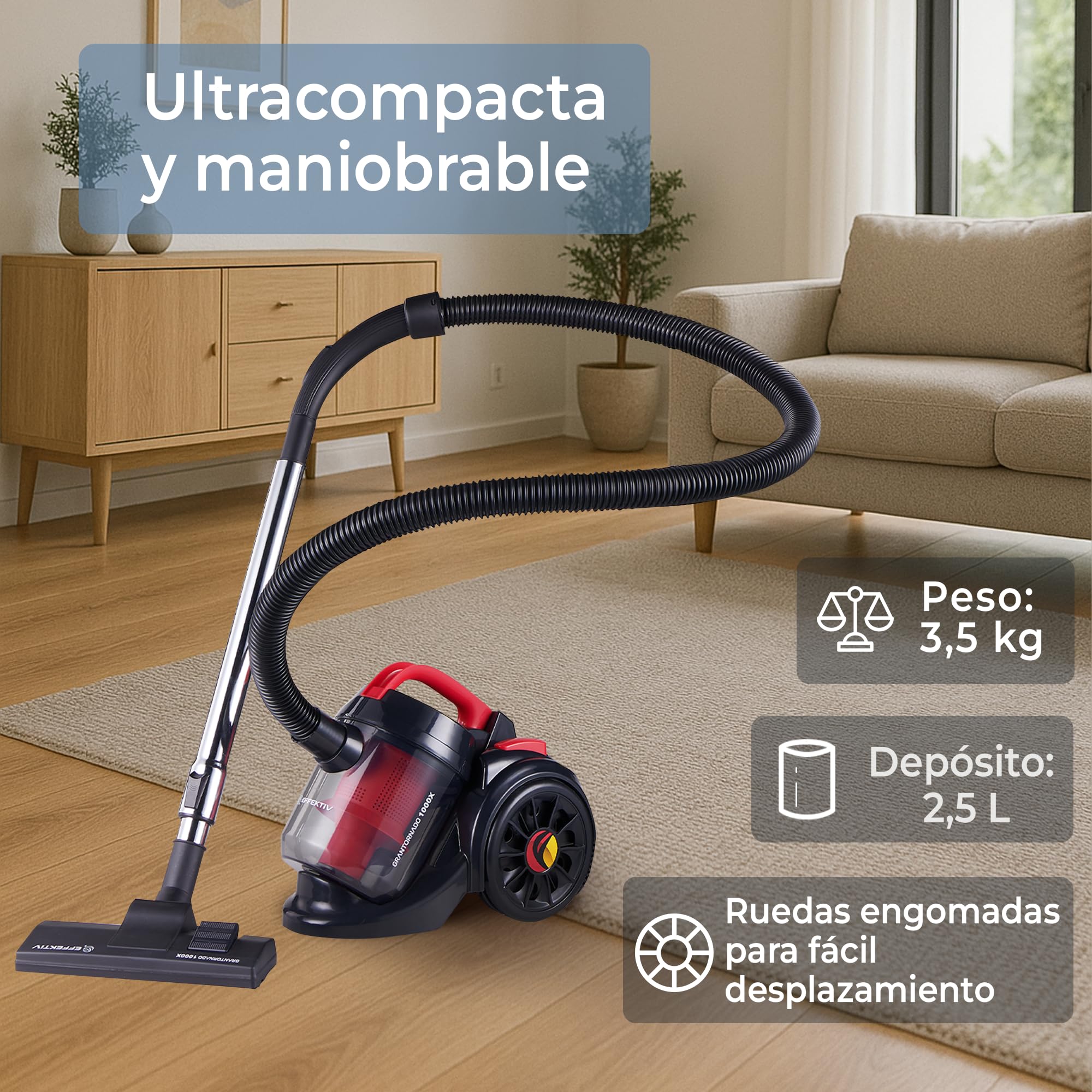 EFFEKTIV Aspiradora sin Bolsa GranTornado 1000X – Aspiradora Ciclónica 1200W con Alta Succión 85000Pa, Depósito 2.5 L, Filtro HEPA Lavable, Aspiradora Trineo para Casa y Mascotas